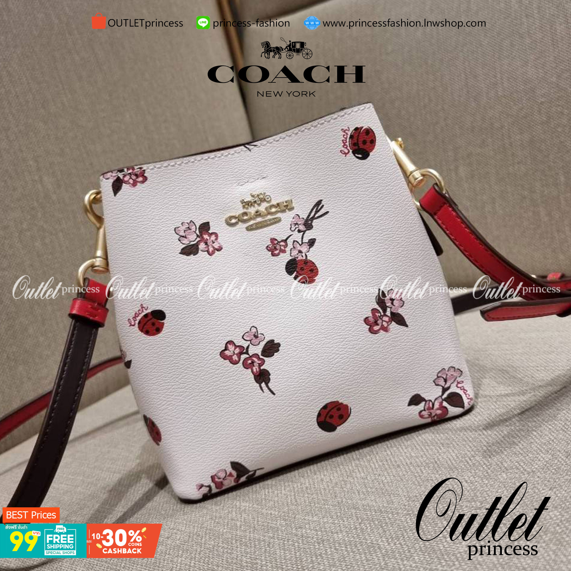 COACH MINI TOWN BUCKET BAG IN SIGNATURE CANVAS WITH VINTAGE MINI ROSE PRINT ((7270 7268 7267)) คอลเลคชั่นใหม่ล่าสุด!! น้องสาวคนสวยมาแล้วจ้า สดใสต้อนรับเทศกาลคริสต์มาส 🎅🎄 กระเป๋าบัคเก็ต ไซส์มินิ ใบจริงน่ารักม้าก!! น่าใช้แบบที่สุด วัสดุหนังแ