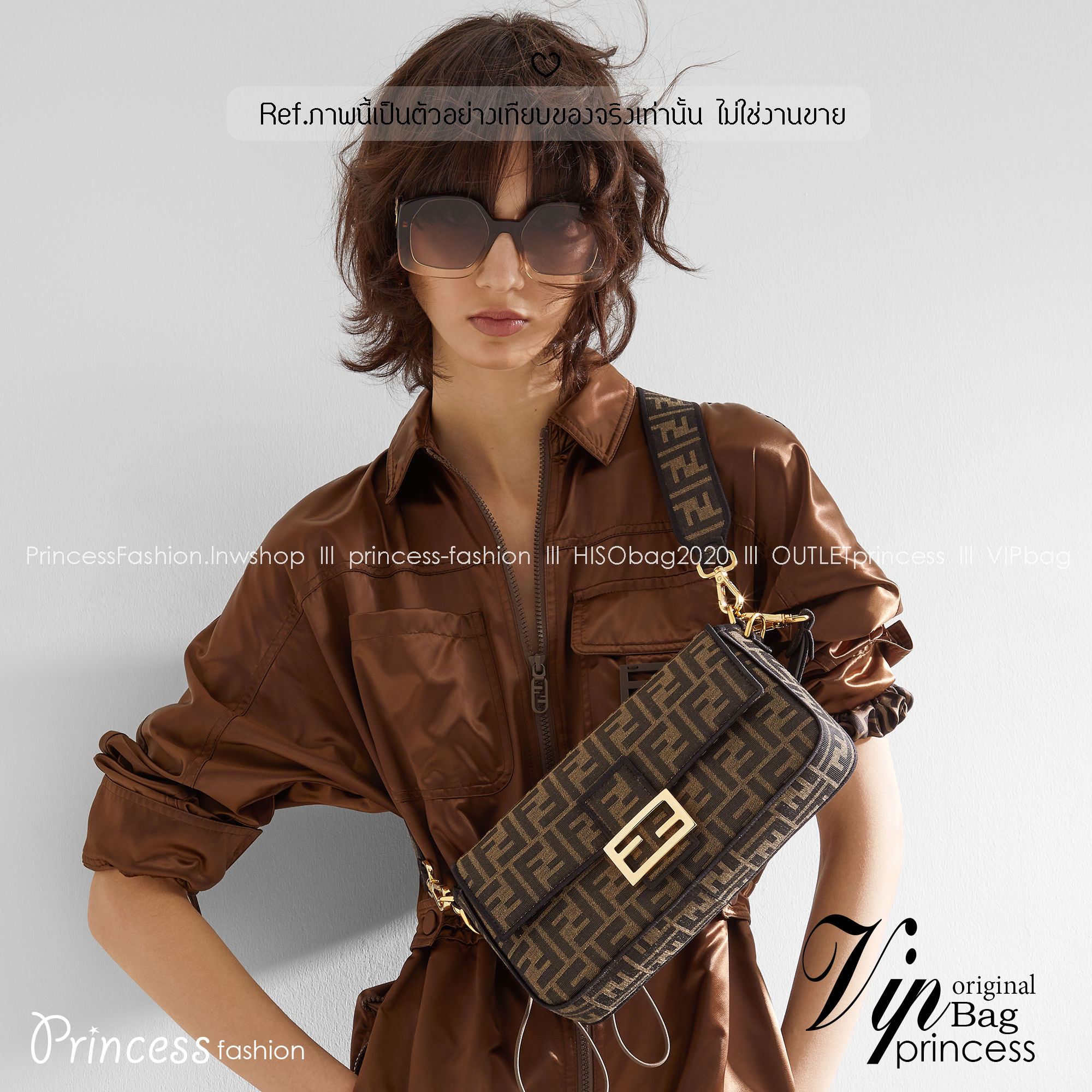 FENDI Baguette Brown FF jacquard fabric bag กระเป๋าสะพายทอลายโมโนแกรม อะไหล่สีทองหรูหรา ถอดสายถือเป็นคลัชได้สุดคุ้ม