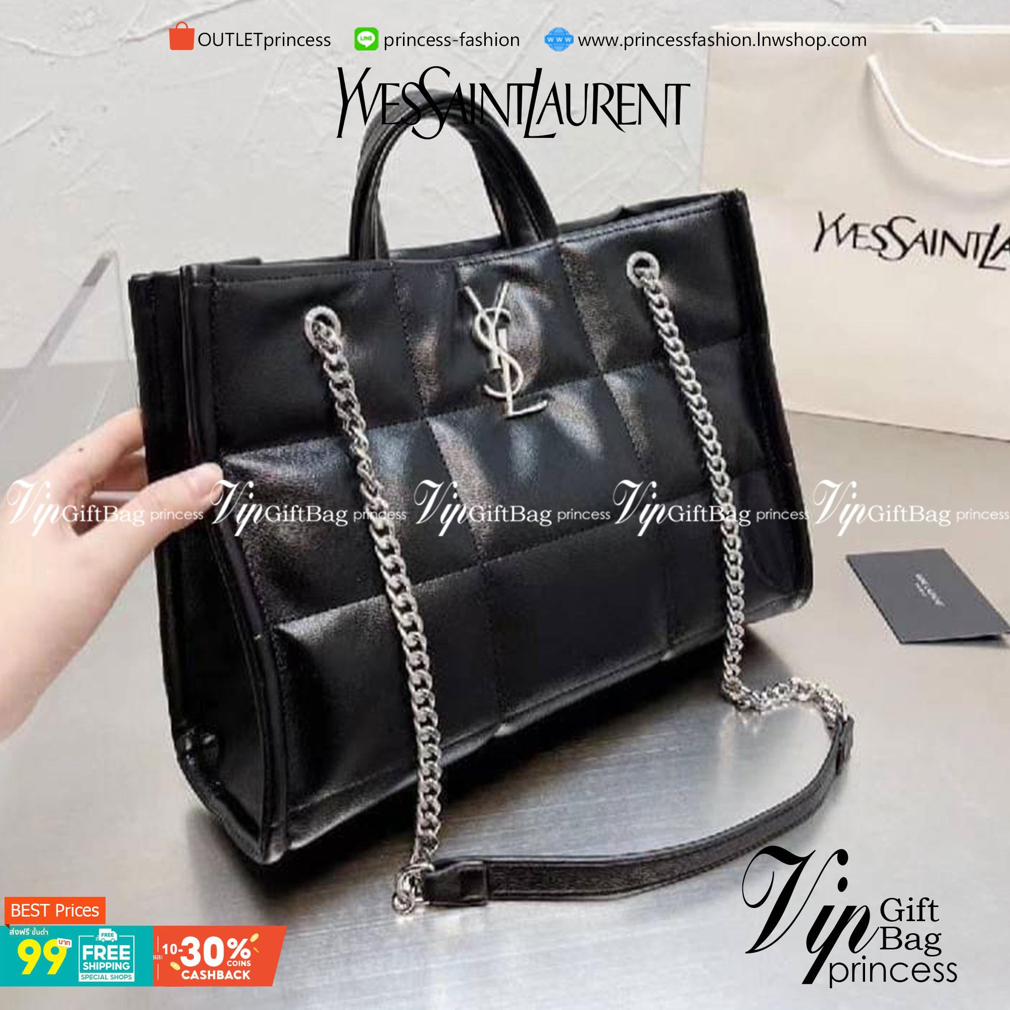 VIP 】YSL SAINT LAURENT shoulder bag Silver Tone กระเป๋าสะพายทรงชอปปิ้ง มาพร้อมสายโซ่เงิน วัสดุหนังแท้ Calfskin ขึ้นเงาสวย ภายในโล่งกว้าง พร้อมส่งที่ไทยราคาสุดคุ้ม