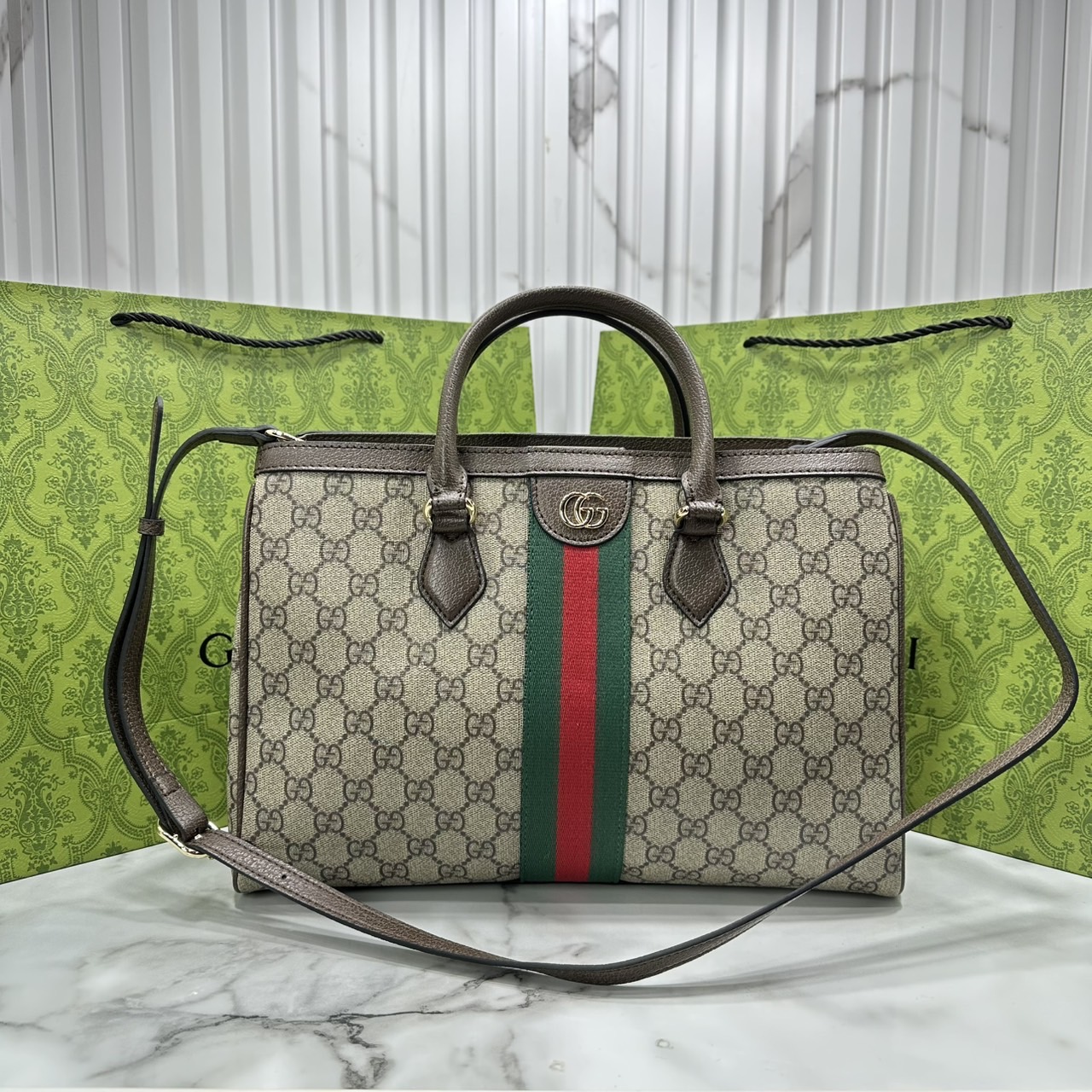 ORI หนังแท้ | Gucci Ophidia medium tote bag Monogram Double G / Gucci Tote Bag กระเป๋าสะพายทรงโท้ทใบใบใหญ่ คอลเล็กชั่น Ophidia ไฮไลท์รูปทรงและฟังก์ชั่นการใช้งานที่ได้รับการตีความใหม่