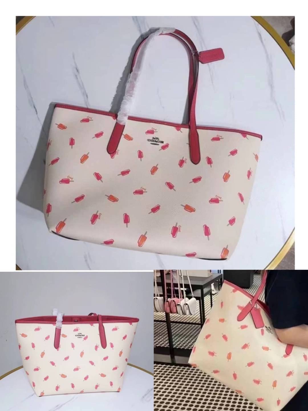 OUTLET 】COACH C4119 CITY TOTE WITH APPLE PRINT COACH CITY TOTE WITH POPSICLE PRINT C4277 แจกความน่ารักสดใส ด้วย 2 รุ่น กับเหล่าแอปเปิ้ลเขียวที่ยกมาทั้งสวน!! และลวดลายไอศครีมโทนชมพูแสนหวาน ดีไซน์ดึงดูดความสนใจได้ดีเลยทีเดียว กระเป๋าทรงช็อปปิ้งใบใหญ่ ที่จุย