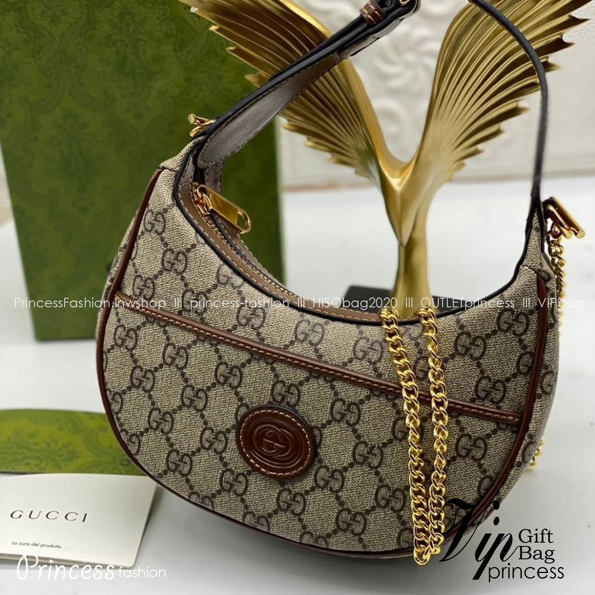 GUCCI GG half-moon-shaped mini bag เกรดออริจินอล ภาพสินค้าถ่ายจากงานขายจริง ใช้งานต่างประเทศได้ รูปทรงพระจันทร์เสี้ยวบนผ้าแคนวาส GG Supreme