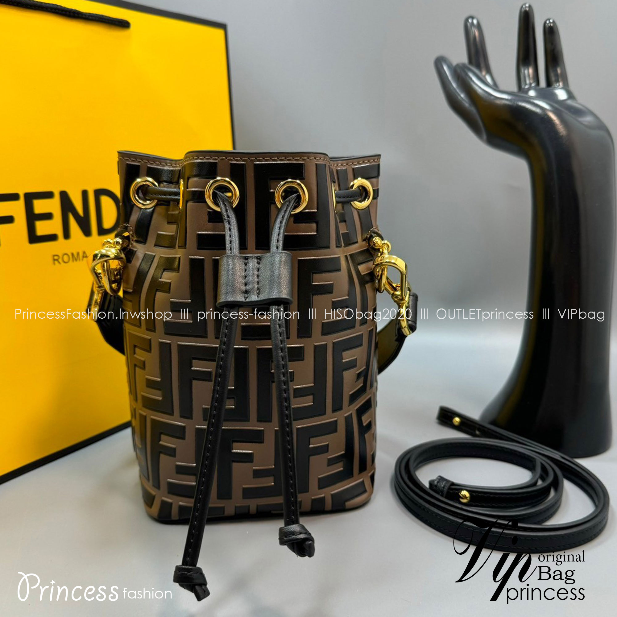 FENDI Mon Tresor Brown leather mini bag / FENDI Bucket Bag กระเป๋าสะพายทรงบัคเก็ต ไซส์มินิ เกรดออริ สลับแท้ 1:1 ใช้ต่างประเทศได้
