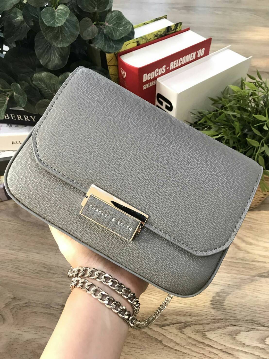 CHARLES & KEITH PUSH-LOCK CHAIN SLING BAG 2018 กระเป๋าสะพายวัสดุหนังคาเวียร์สวยอยู่ทรง ขนาดมินิกำลังดี น้ำหนักเบา เปิดปิดด้วยฝาปิดตัวล็อคปั๊มโลโก้ด้านหน้า ภายใน มีช่องซิป และช่องใส่บัตร มาพร้อมสายสะพายโซ่ยาวสามารถซ้อนสายสั้นสะพายไหล่ หรือสายยาว Crossbodyไ