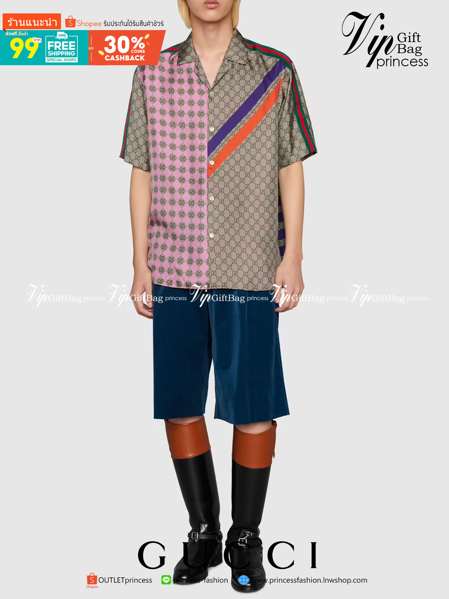 Gucci Geometric GG print bowling shirt Multicolor geometric GG print silk twill / Gucci Men's Shirts / Gucci Shirts งานเกรดออริจินอล พิมพ์ลายคมชัด มีป้ายแท็กที่คอเสื้อทุกตัว พร้อมส่งที่ไทย ภาพสินค้าถ่ายจากงานขายจริง ใช้งานต่างประเทศได้