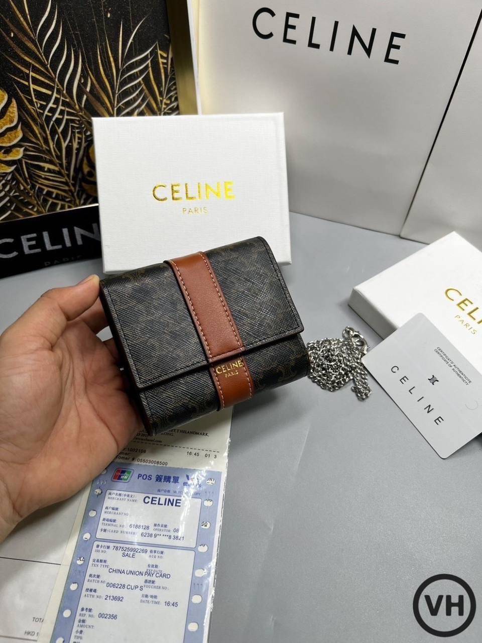 ORI หนังแท้ | CELINE SMALL TRIFOLD WALLET ON CHAIN / CELINE Wallet กระเป๋าสตางค์ใบสั้น 3 พับ พร้อมสายสะพายโซ่ กระเป๋าสตางค์ซีลีน