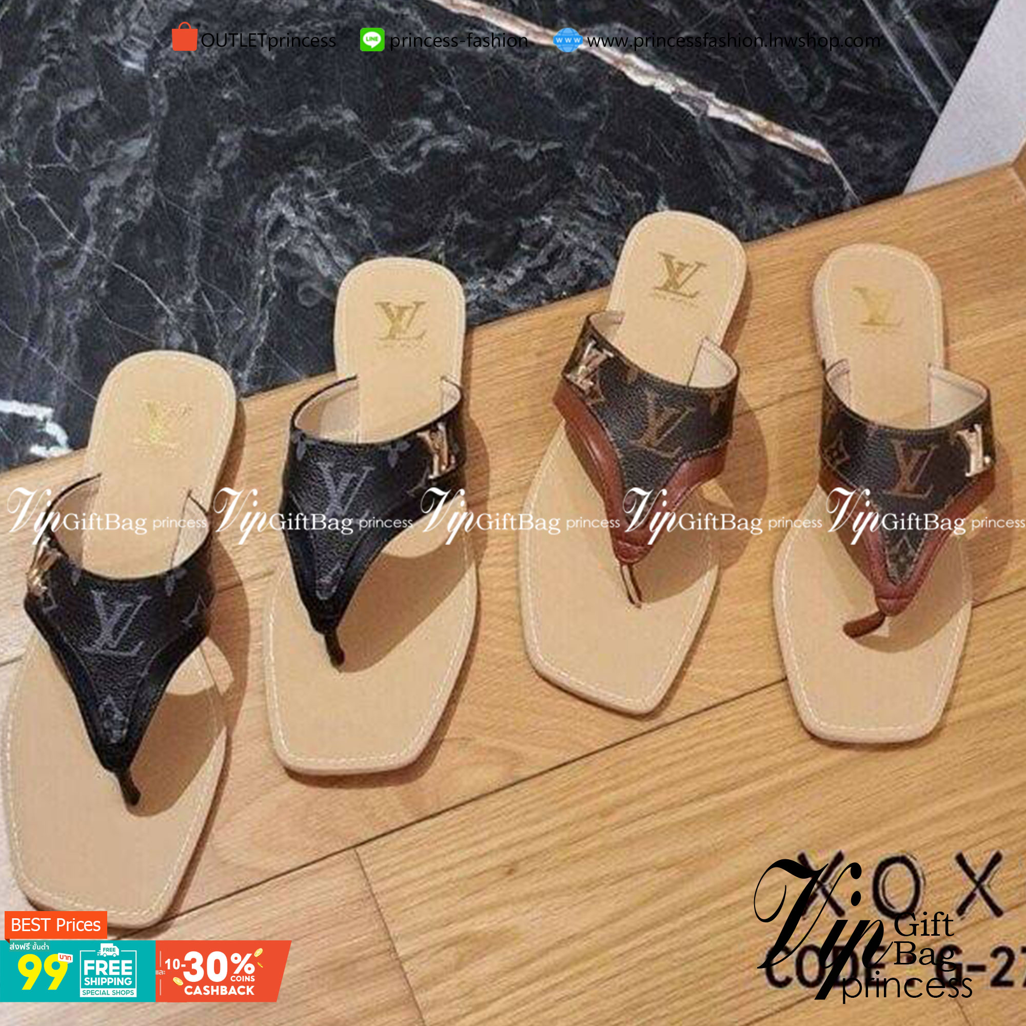 Louis Vuitton Sandals แตะหนีบ พื้นยางไม้ก๊อกอย่างดี หนังลาย LV สวยหรู ติดอะไหล่โลโก้สีทอง สวย เด่น น้ำหนักเบา แมทส์ชุดง่าย