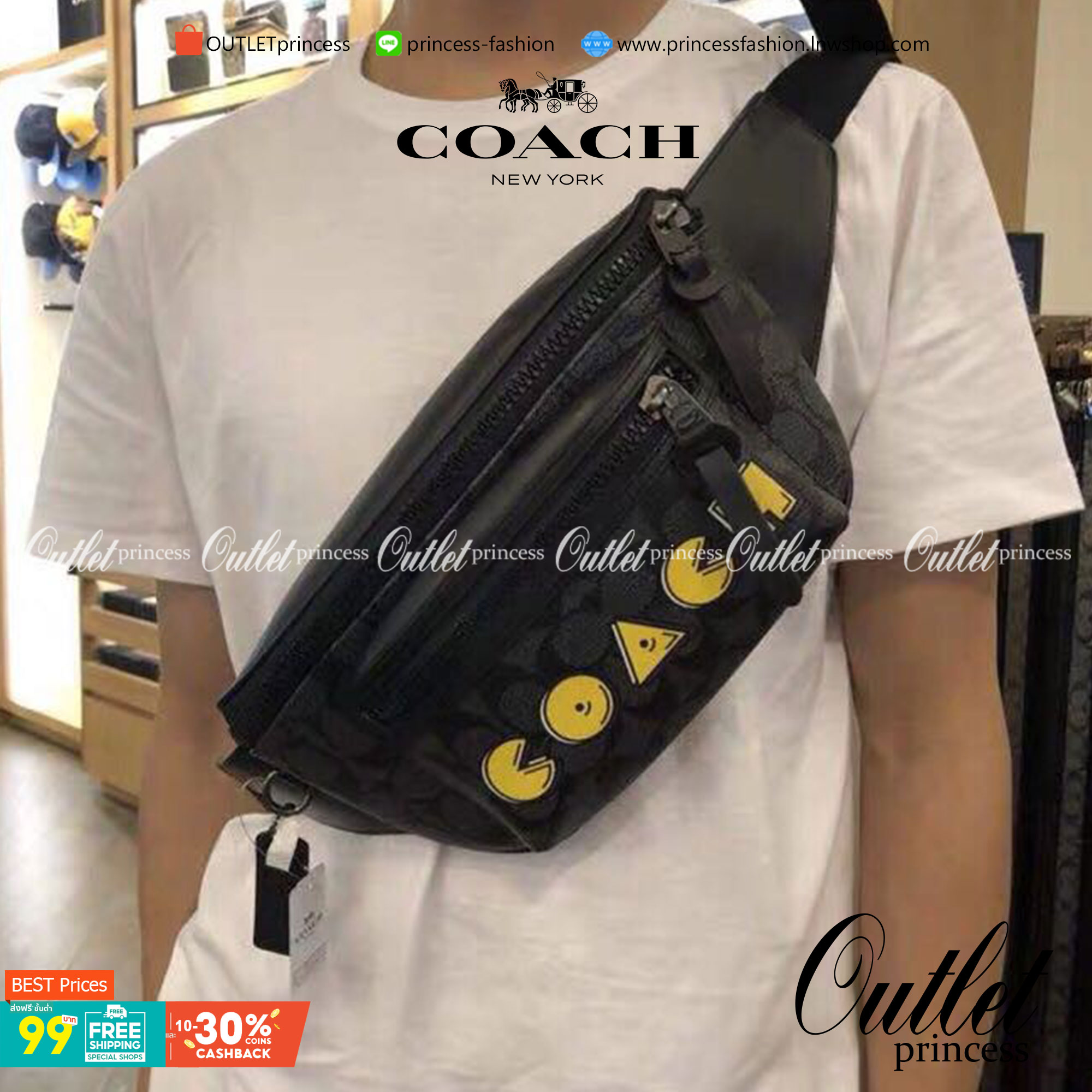 COACH F72924 TERRAIN BELT BAG IN SIGNATURE CANVAS WITH PAC-MAN COACH SCRIPT กระเป๋าคาดอก คาดเอวสุดฮิต รุ่นใหม่ล่าสุด ลายซี signature ดำ/เทา สกรีน COACH สีเหลือง สายปรับได้ ด้านในมีช่องใส่ของได้คะ ใส่ได้ทั้งคุณผู้หญิงและชาย ใส่แล้ว สวย เท่ห์ ดูดีมากๆค่ะ &#