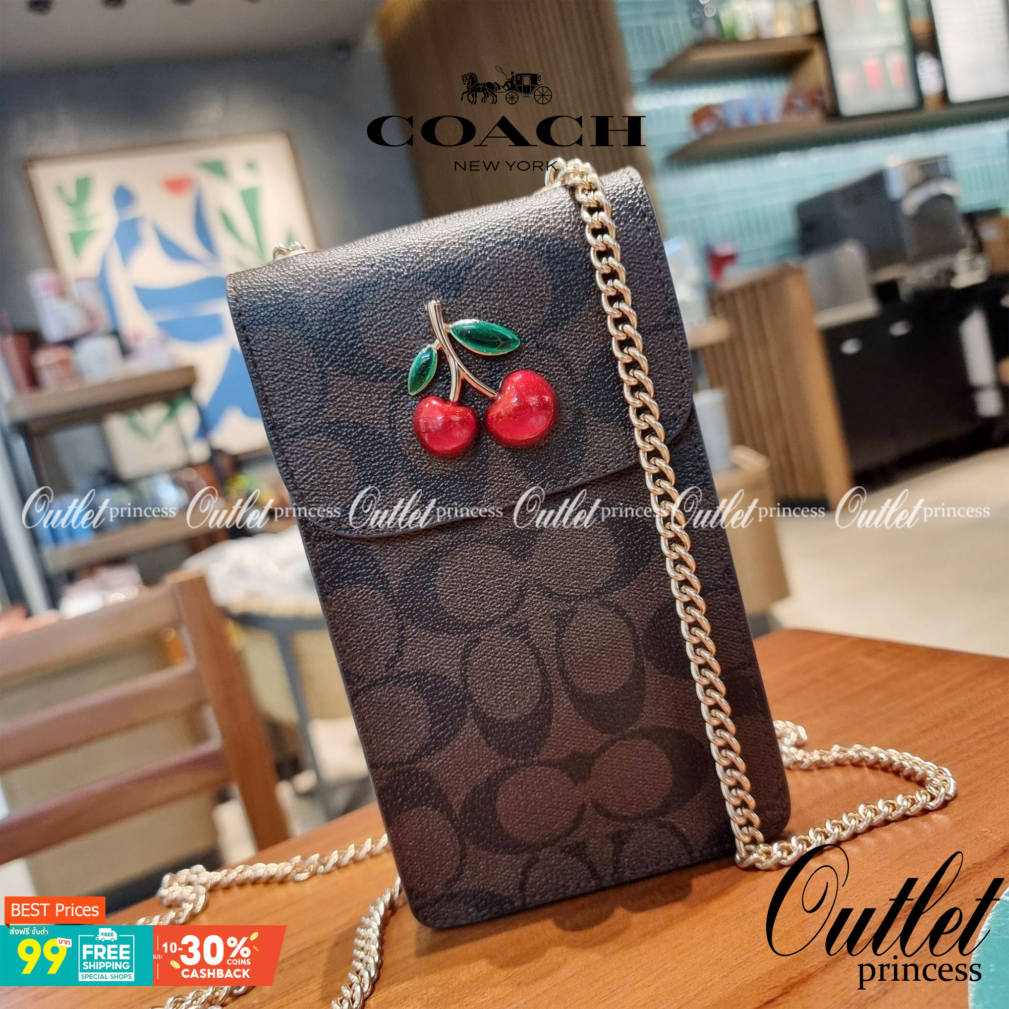 COACH F73486 NORTH/SOUTH PHONE CROSSBODY IN SIGNATURE CANVAS WITH FRUIT 🍒🍓🍋 แจกความสดใสกันอีกครั้ง!! กับกระเป๋าสะพายเอนกประสงค์ Case phone ใส่โทรศัพท์มือถือได้ทุกรุ่น ดีไซน์ลายผลไม้ฉ่ำๆ สวยมีเสน่ห์ 💖 วัสดุหนังแคนวาสคุณภาพ ฝ