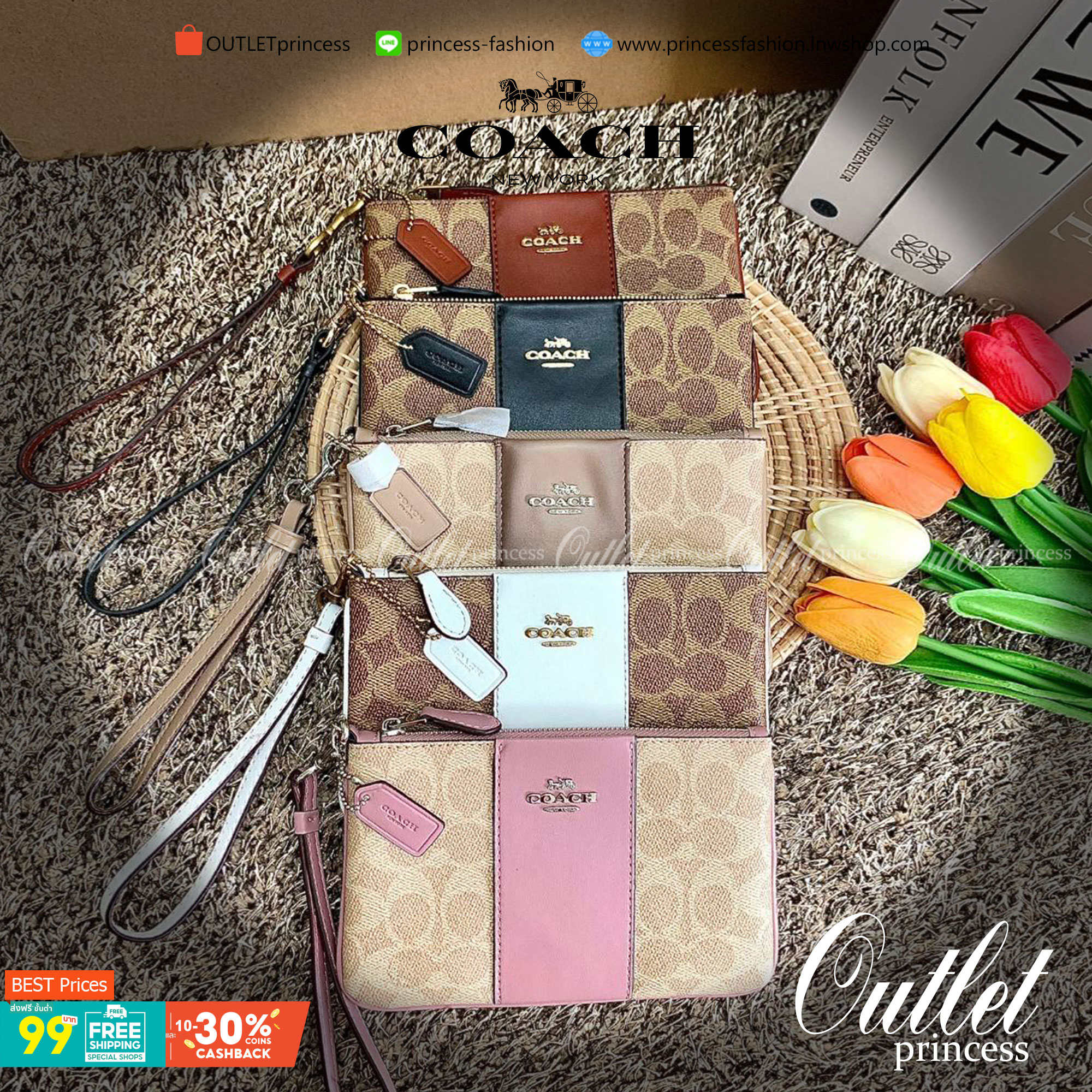 COACH SMALL WRISTLET IN COLORBLOCK SIGNATURE ((32445)) ✔️กระเป๋าคล้องมือ วัสดหนัง pvc อย่างดี ลายซิกเนเจอร์ ตัดขอบสีตรงกลางสวยงามมากๆค่ะ แบบซิปเดียว ((ภายในใส่มือถือได้บางรุ่นค่ะ)) มีช่องเสียบบัตรให้2ช่องด้วยนะคะ