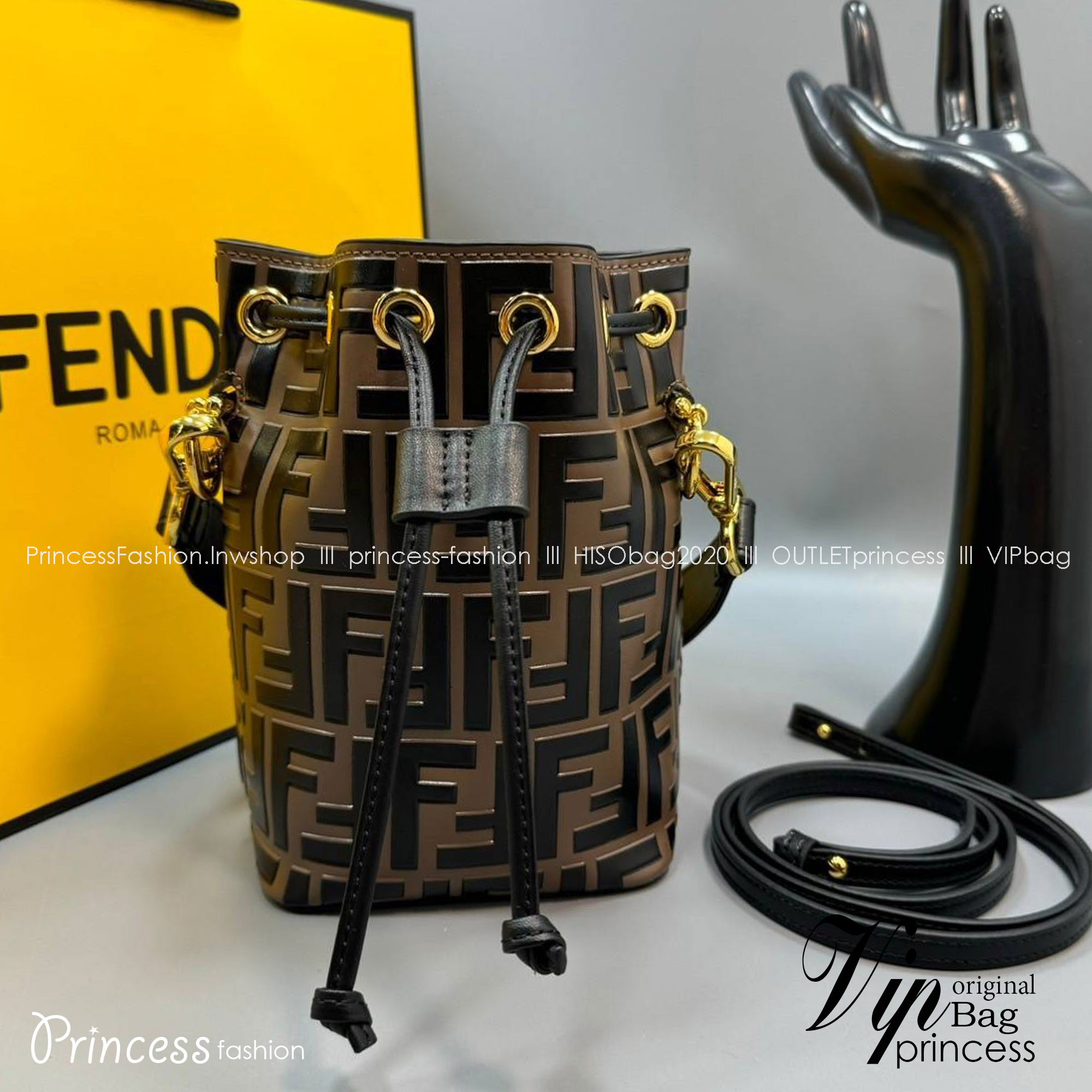 พร้อมส่ง 3 สี FENDI Mon Tresor Black leather mini-bag / FENDI Bucket Bag กระเป๋าสะพายทรงบัคเก็ตงานหนังเต็มใบ ไซส์มินิ เกรดออริ สลับแท้ 1:1