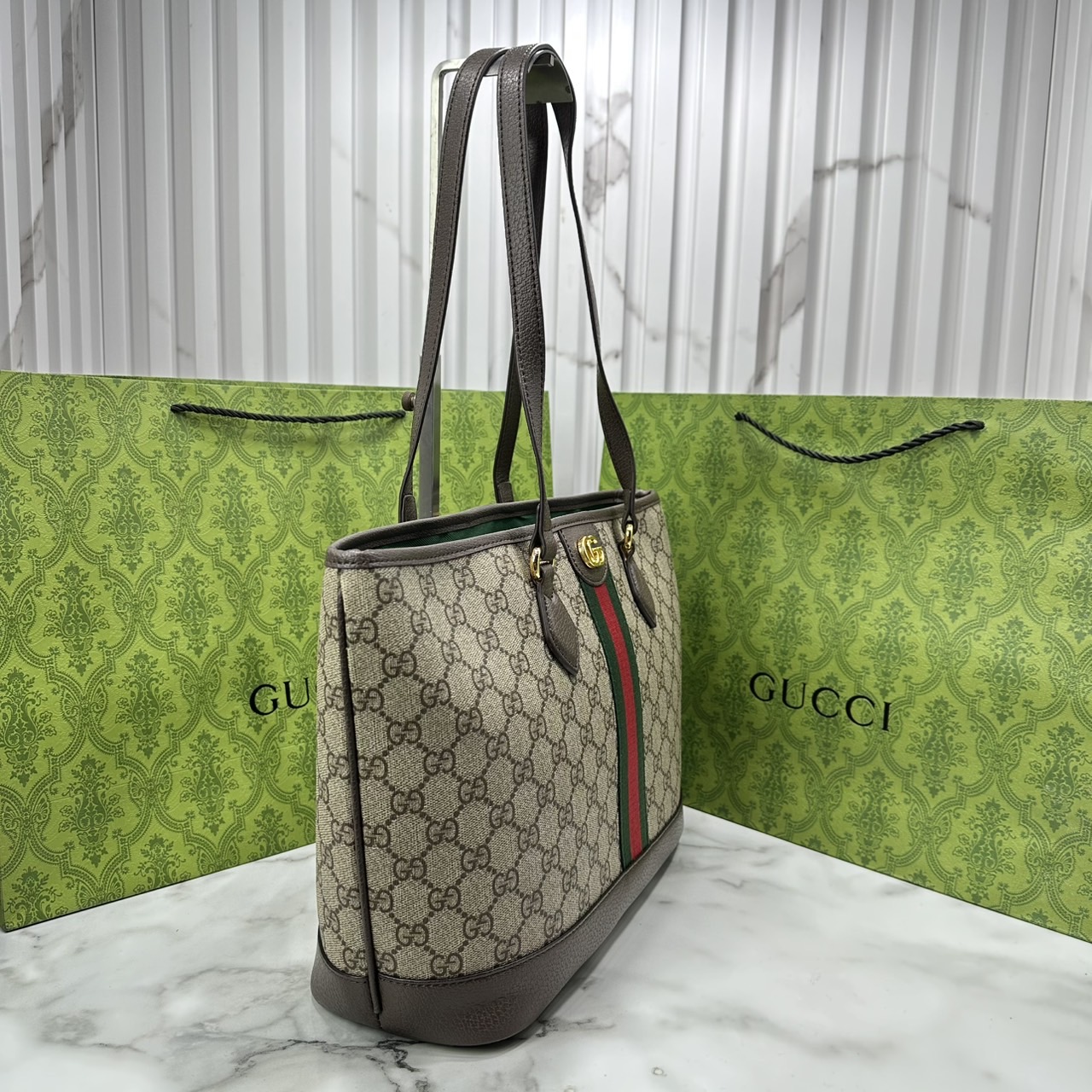 ORI หนังแท้ | Gucci Ophidia medium tote bag GG Monogram Double G / Gucci Tote Bag กระเป๋าสะพายทรงโท้ทใบใหญ่ ภายในโล่งกว้างจุของได้เยอะ
