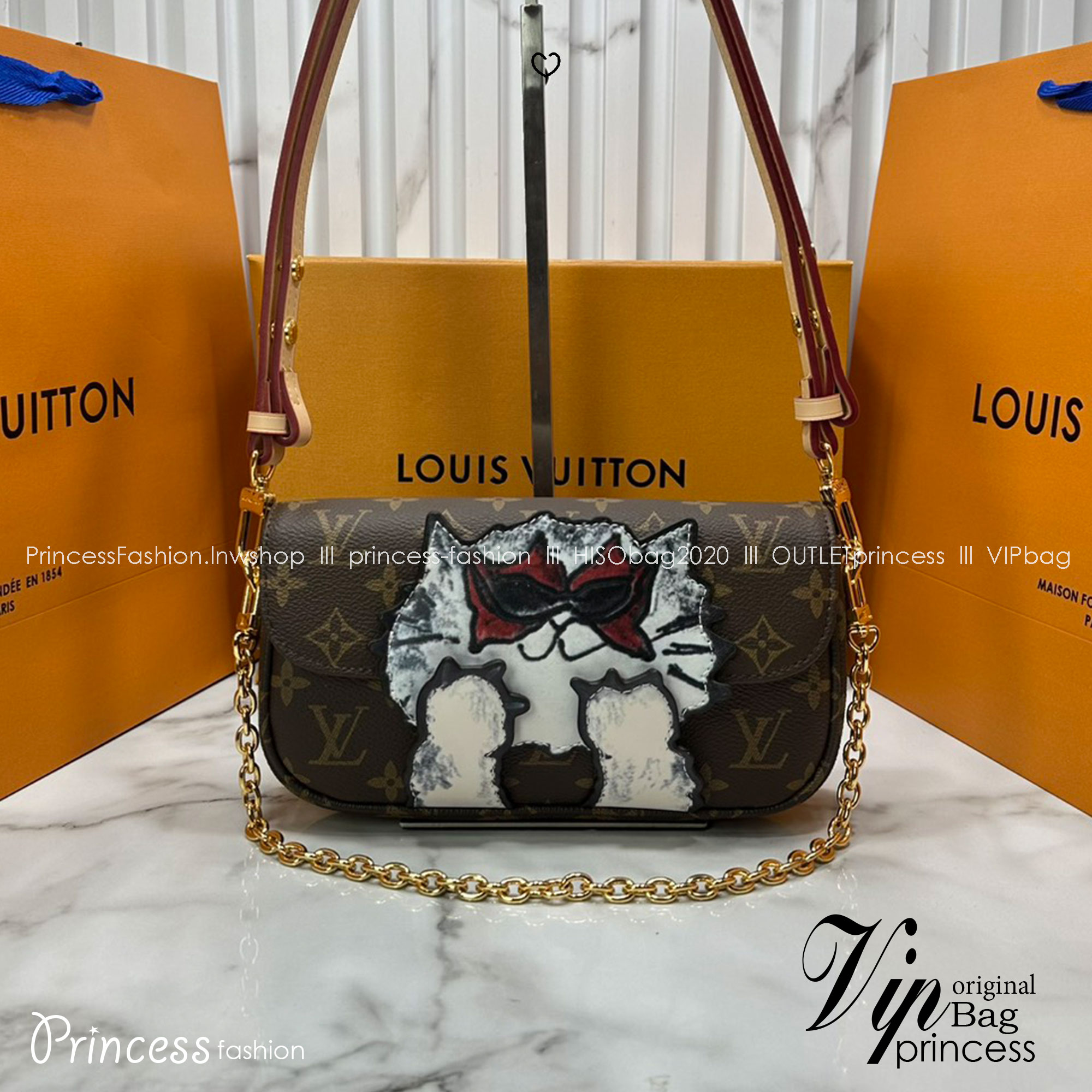 ORI หนังแท้ | LV Ivy chain wallet love of cats กระเป๋าสะพายไอวี่ดีไซน์กระเป๋าสตางค์ โดดเด่นด้วยการตกแต่งภาพประกอบแสนสดใสที่วาดมือลายน้องแมว พร้อมช่องใส่บัตร สายสะพายหนังและโซ่ถอดได้