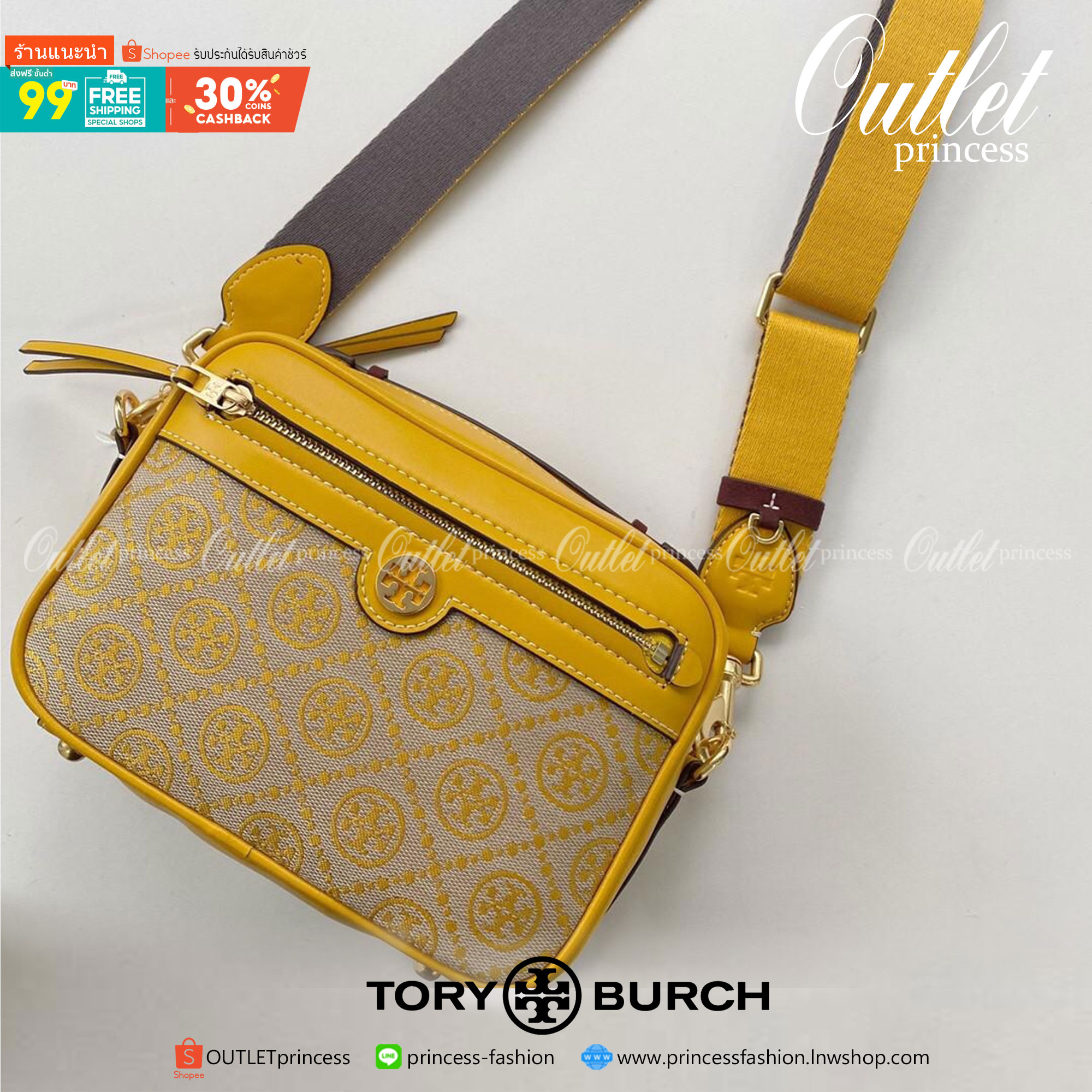 TORY BURCH T MONOGRAM JACQUARD CAMERA BAG กระเป๋าถือหรือสะพายข้าง ปักษ์ลายแบรนด์ วัสดุ Canvas ปักษ์ลายแบรนด์ เปิด-ปิด ด้วยซิป ภายในโล่ง มี1ช่องซิป1ช่องใส่ของจุกจิ๊ก ด้านหน้ามี1ช่องซิป สายยาวถอดสายได้ สวยเก๋ ไม่ควรพลาดเลยค่า