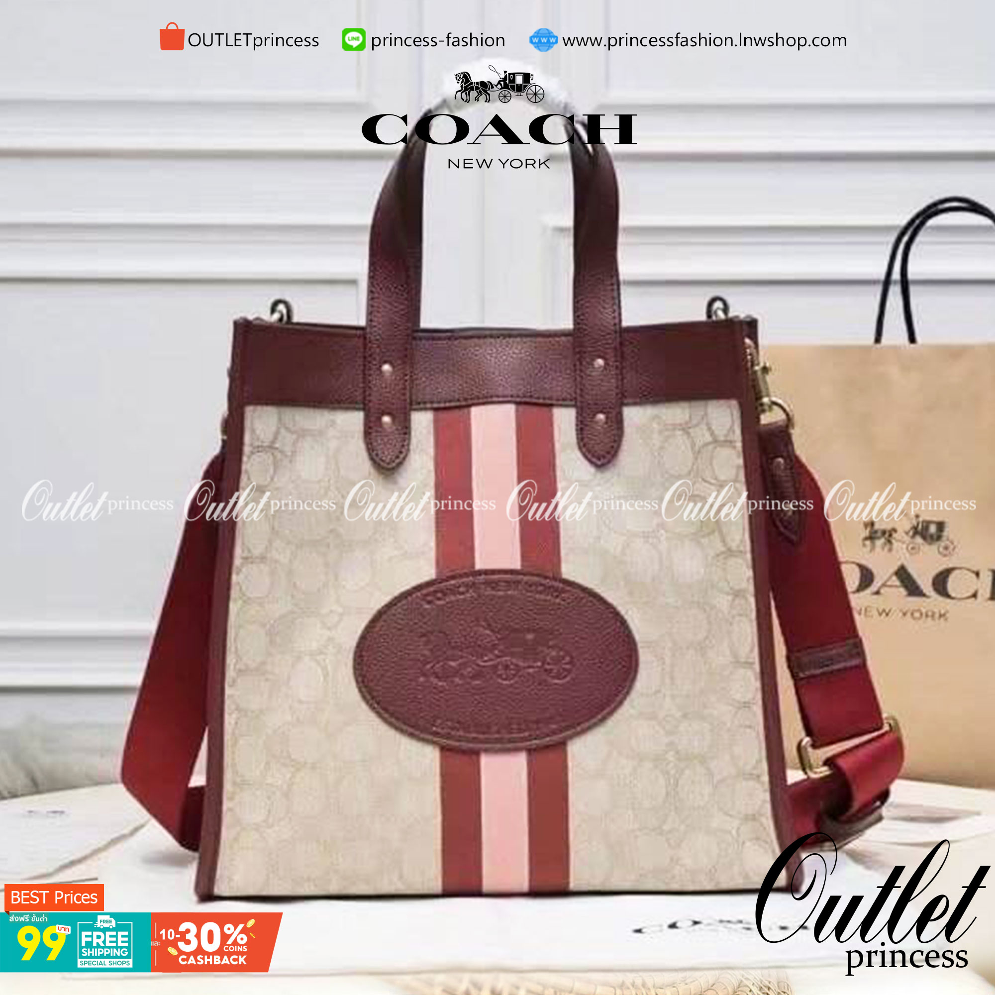 OUTLET 】COACH DEMPSEY TOTE IN SIGNATURE JACQUARD COACH C1917 Dempsey Field Tote คอลเลคชั่นใหม่ เอาใจสายคุณหนู กระเป๋าทรงโท้ท ไซส์กำลังสวย น่ารักน่าใช้มากๆ ฟังก์ชั่นการใช้งานสะดวกที่สุด มีทั้งสายคล้องในตัว และสายครอสบอดี้ วัสดุผ้า jacquard สลับหนัง pepble 