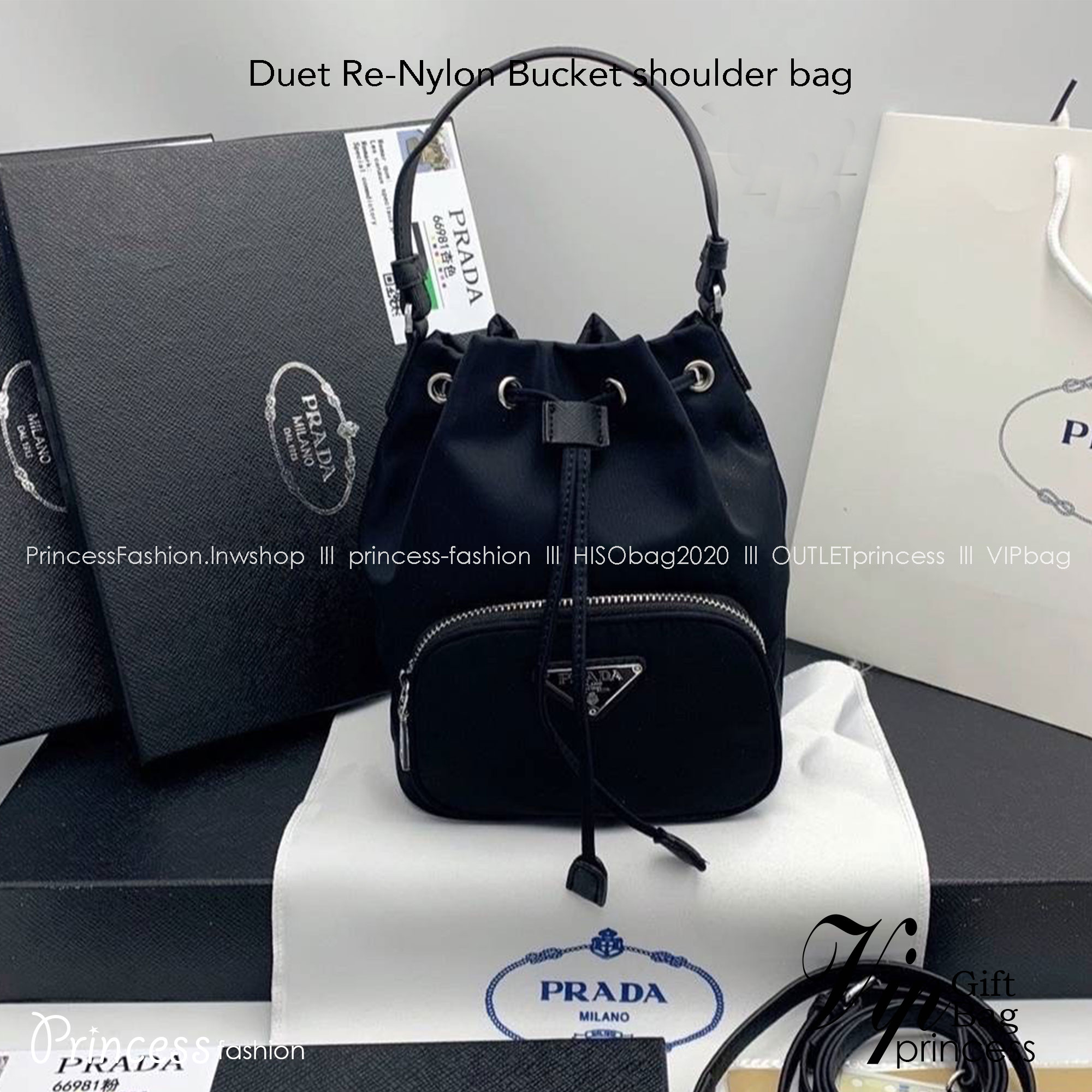 Prada Duet Re-Nylon Bucket shoulder bag / Prada Nylon bucket bag Pastel กระเป๋าสะพายข้าง ไซส์มินิ น้องทรงขนมจีบ น่ารัก น่าใช้ พร้อมสายยาว(ถอดได้) สีพาสเทลน่ารักละมุนมากๆ ค่ะ