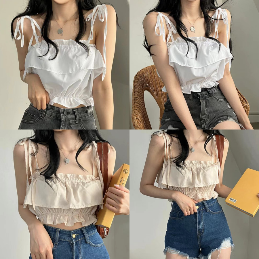 พร้อมส่ง 2 สี 🩰🧈 Diana tops เสื้อสายเดี่ยวแต่งระบายสีหวาน (37789)