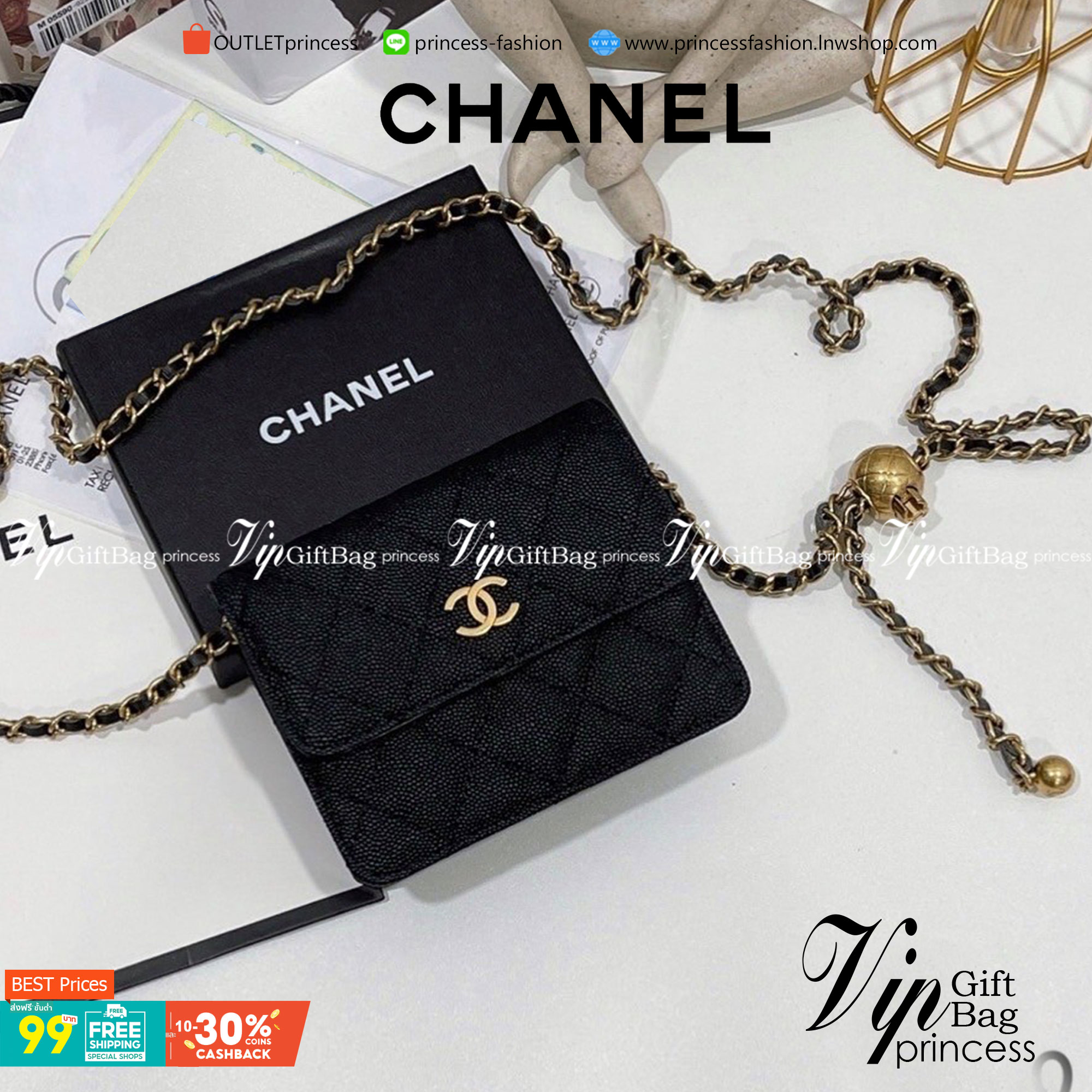VIP 】CHANEL BLACK CAVIAR WALLET MINI BAG VIP GIFT WITH PURCHAS-GWP รุ่นยอดนิยมไอเท็มฮิตวัสดุหนังคาเวียร์สวยคลาสสิคเปิดปิดด้วยฝาปิดกระดุมด้านหน้ามีโลโก้แบรนด์อะไหล่ทองสวยหรูดูดีมาพร้อมสายโซ่ทองร้อยหนังจะสะพายไหล่ หรือ Crossbody ก็ดูดี ภายในมีโลโก้และช่องแบ