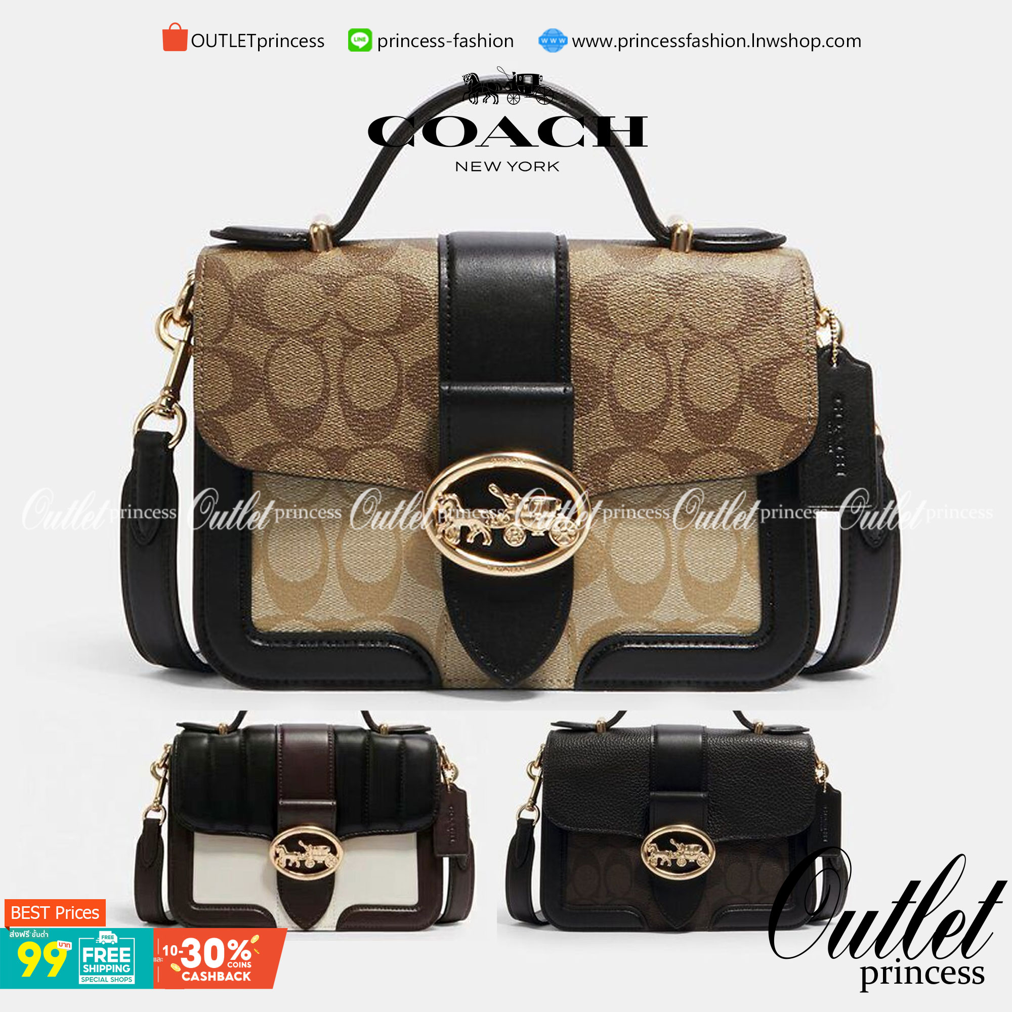 COACH SMALL GEORGIE TOP HANDLE IN BLOCKED SIGNATURE CANVAS ((6504//0468//6192//6015)) compact body portable shoulder bag 🌈ห้ามพลาด รุ่นแนะนำค่าา! พร้อมส่งทันที! กระเป๋าหิ้ว//สะพายข้างได้ วัสดุหนังแท้ 🔺หนึ่งใบทำลายหนังผสมกัน3แบบได้ลงตัวสวยง