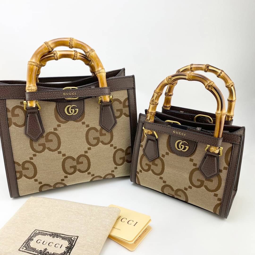 หนังแท้ Gucci Diana jumbo GG tote bag (mini/small) พร้อมส่งที่ไทย Brown Camel and ebony jumbo GG canvas ภาพถ่ายจากสินค้าจริง