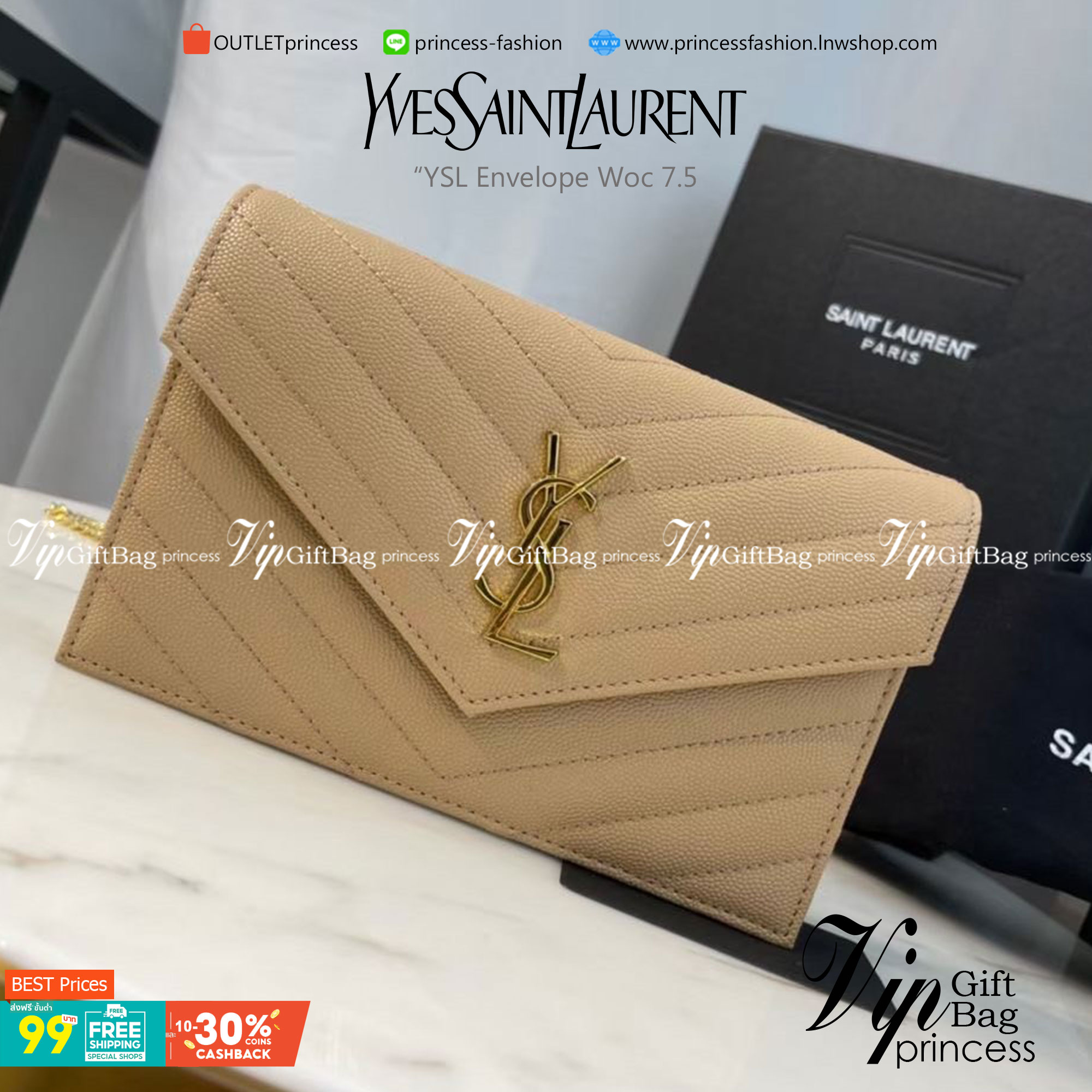 VIP 】หนังแท้ YSL Saint Laurent Envelope WOC 7.5” กระเป๋าเงิน wallet on chain ที่มาพร้อมสายสะพายแบบโซ่ ขนาด 7.5” หนังวัวติดโลโก้ YSL มีทั้งอะไหล่เงิน ทอง และดำ ด้านในมีช่องซิป และช่องใส่การ์ด 6 ช่อง เรียบหรู คลาสสิคมากๆ เลยค่ะ