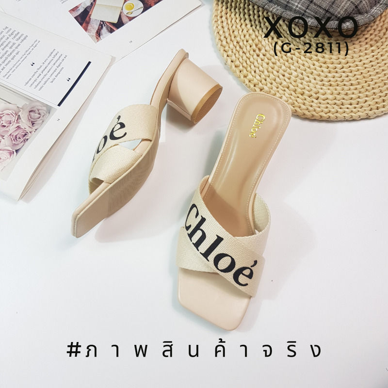 Chloe' รองเท้า งานสวม ไค้วครอสเอ็กซ์ วัสดุสายคาดผ้าแคนวาสตีแบรนด์ ตัวหุ่มหนังPU ส้นทรงกระบอกทรงกลม แมทส์ชุดง่าย ใส่สบาย