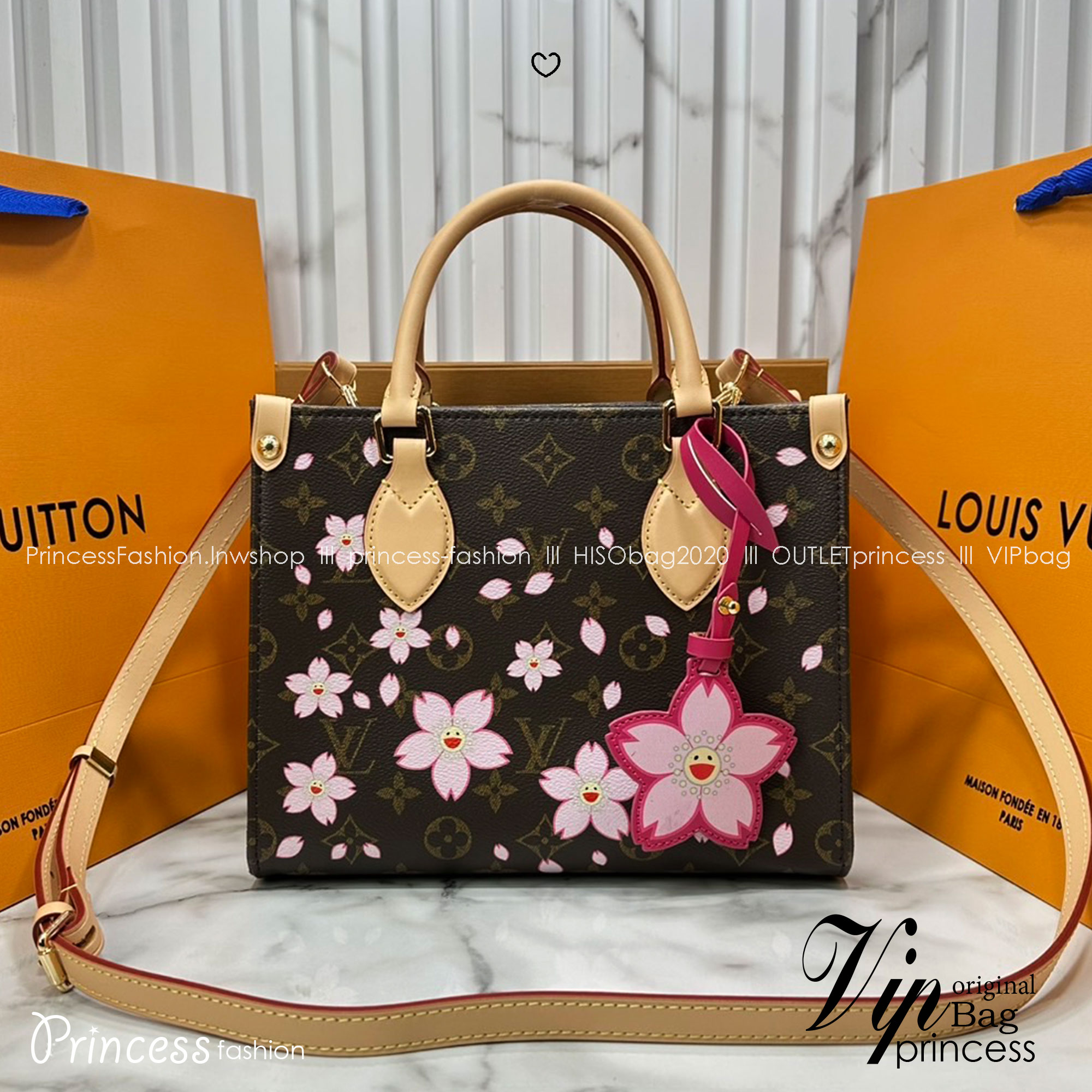 ORI หนังแท้ | คอลใหม่ดอกไม้แสนหวาน LV x TM Pochette Accessoires Cherry Blossom bag กระเป๋าสะพายดีไซน์คลาสสิครุ่นสุดปัง