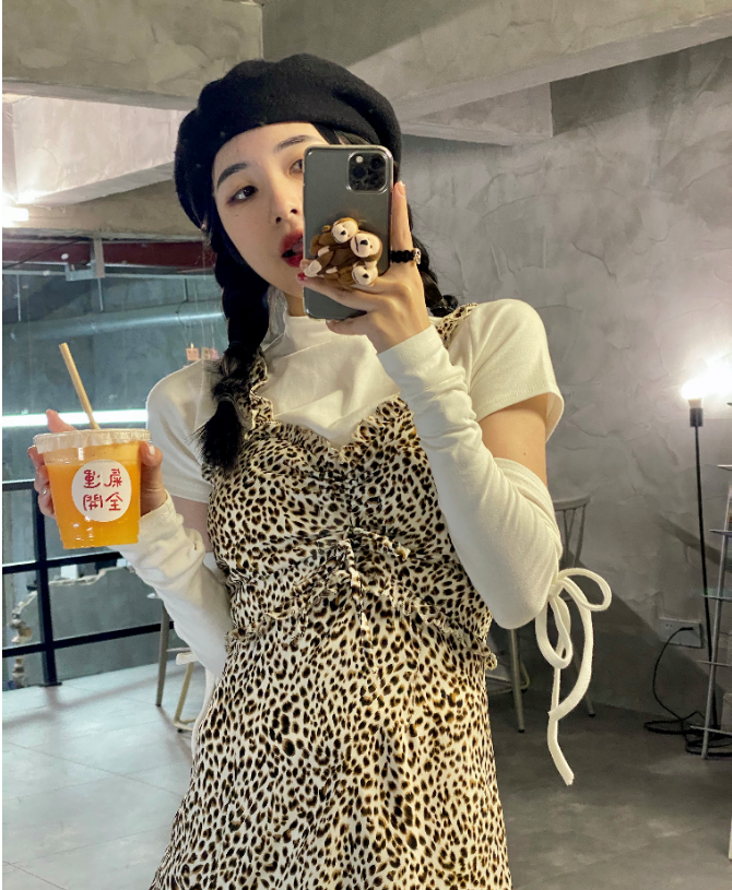 พร้อมส่ง 🍈 Ormy set เซตเดรสลายเสือ+เสื้อยืดแขนยาว (IN 32909)