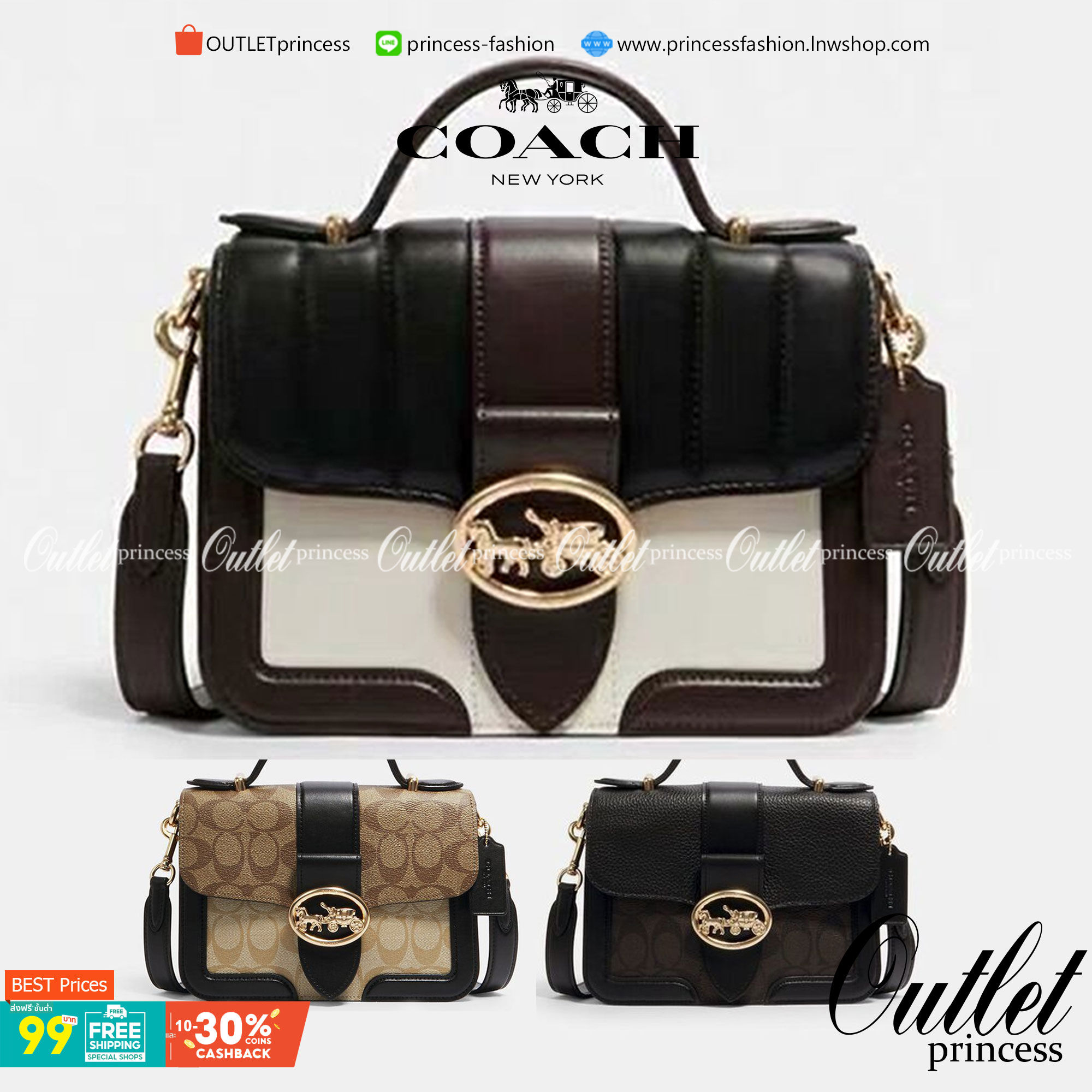 COACH SMALL GEORGIE TOP HANDLE IN BLOCKED SIGNATURE CANVAS ((6504//0468//6192//6015)) compact body portable shoulder bag 🌈ห้ามพลาด รุ่นแนะนำค่าา! พร้อมส่งทันที! กระเป๋าหิ้ว//สะพายข้างได้ วัสดุหนังแท้ 🔺หนึ่งใบทำลายหนังผสมกัน3แบบได้ลงตัวสวยง