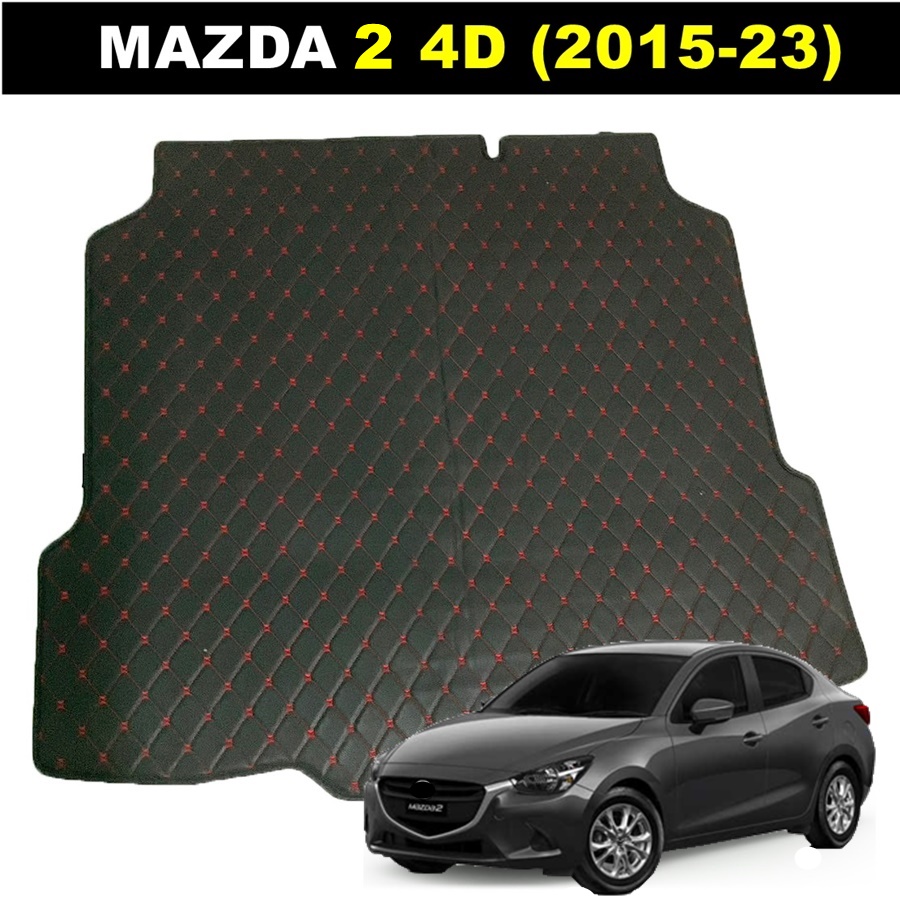 แผ่นปูท้ายรถ MAZDA 2 4D 2015-23 พรมหนัง6D สีดำด้ายแดง เข้ารูป (พร้อมส่ง)