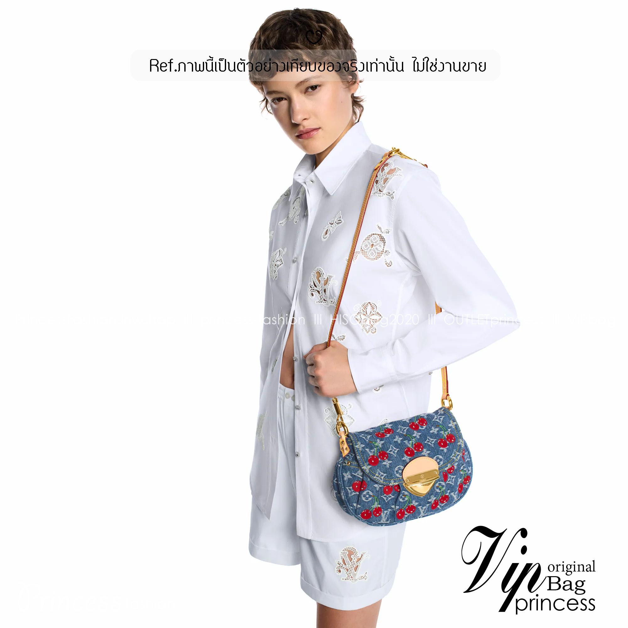 LV x TM Sunset bag Monogram cherry denim 25cm กระเป๋าสะพายไหล่ทรง baguette สวยดูแพง ไอเท็มสุดโดดเด่นมีชีวิตชีวา ด้วยเดนิมวินเทจปักลายเชอร์รี่สีสันสดใสสะดุดตาสะท้อนสไตล์ไอคอนิก