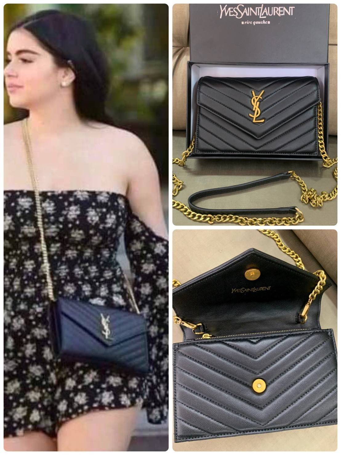 YSL Bag รุ่น Saint Laurent WOC VIP GIFT WITH PURCHASE (GWP) พรีเมี่ยมกิ๊ฟ Limited Edition จาก YSL รุ่นฮอตปรอทแตก วัสดุหนังแกะสังเคราะห์ หนังขึ้นรูปเงาสวย เป็นการดีไซน์กึ่งกระเป๋าสตางค์ ที่มาพร้อมสายสะพายยาว (เป็นสายโซ่ที่ต่อกับหนัง) สายถอดได้ (ปรับระดับไม