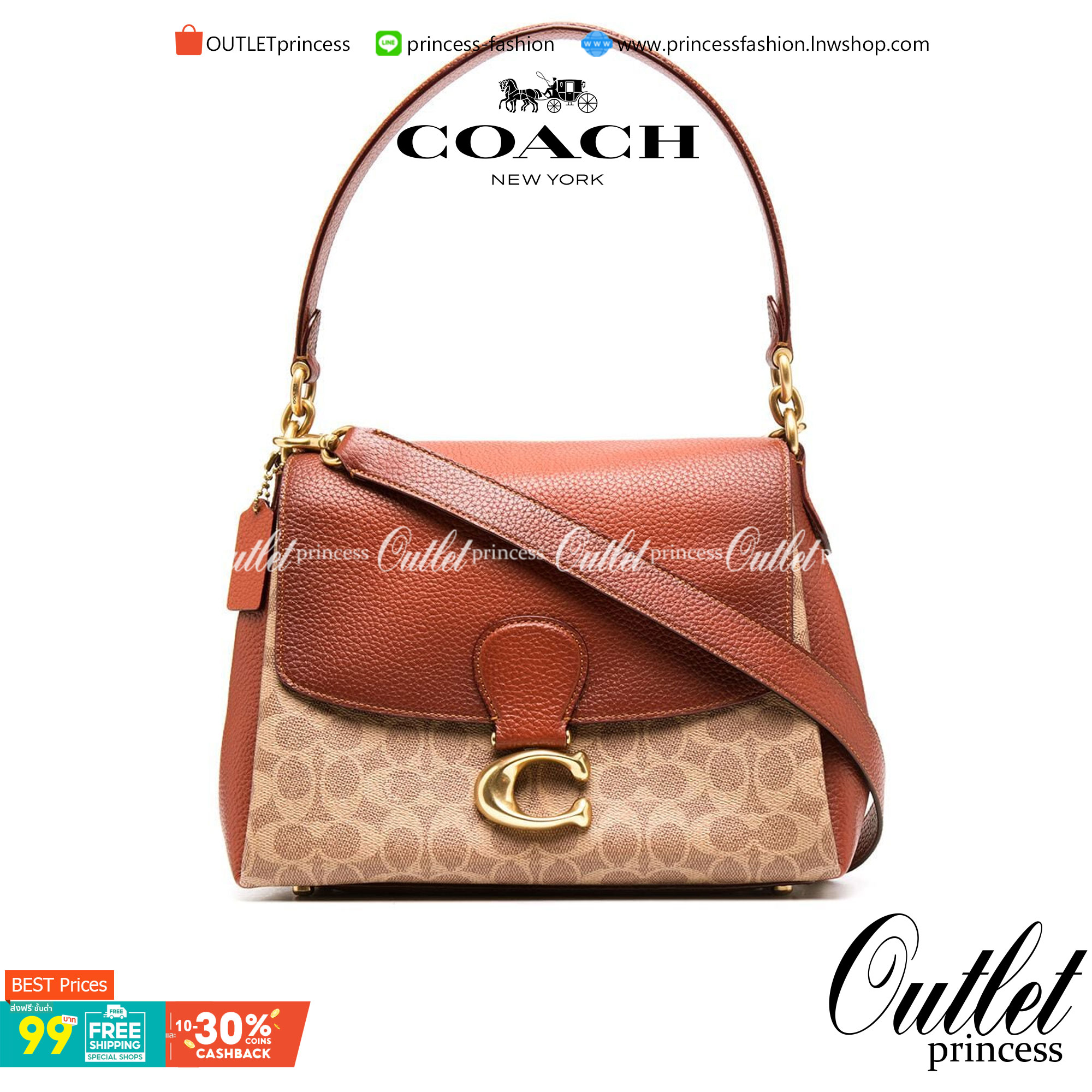 OUTLET 】COACH Logo-Plaque Leather Tote Bag พร้อมส่งที่ไทย Tan-brown leather logo-plaque leather tote bag from Coach featuring gold-tone hardware, abstract pattern print, logo plaque and single top handle.