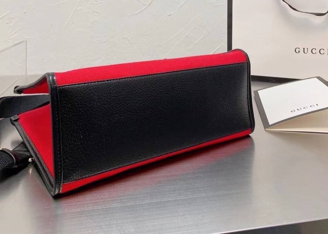 VIP 】Gucci 100 small tote bag Hibiscus red felt with Gucc100 print Black leather พร้อมส่งที่ไทย