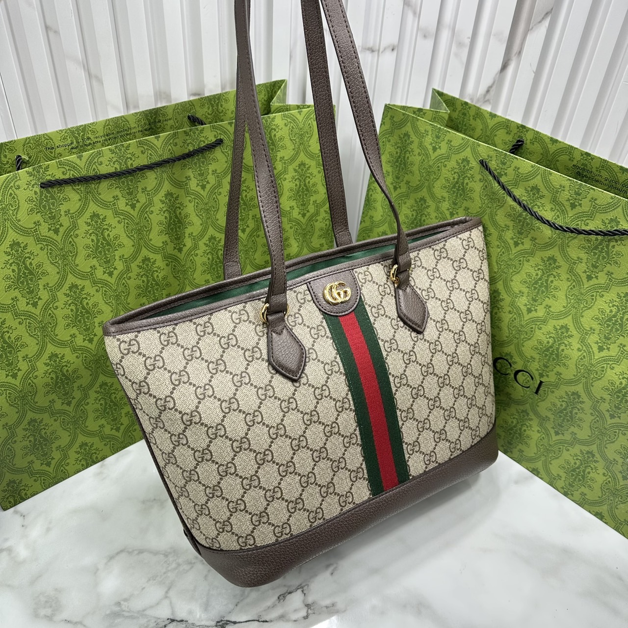 ORI หนังแท้ | Gucci Ophidia medium tote bag GG Monogram Double G / Gucci Tote Bag กระเป๋าสะพายทรงโท้ทใบใหญ่ ภายในโล่งกว้างจุของได้เยอะ