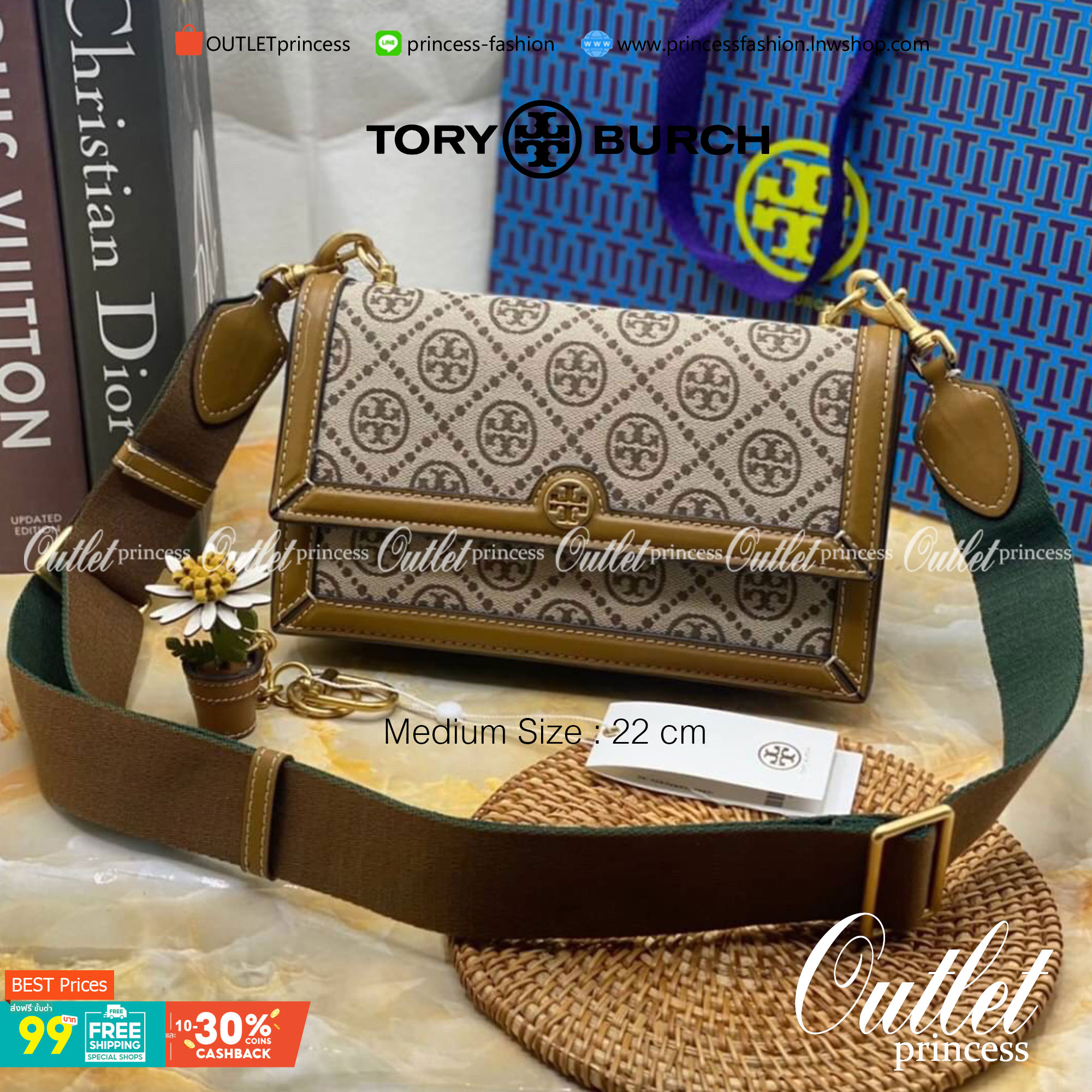 สีใหม่ Hazelnut Medium Size TORY BURCH T Monogram jacquard shoulder bag คอลเลคชั่น T Monogram สำหรับคอลเลคชั่นฤดูใบไม้ผลิ 2021 เราสร้างสรรค์ลายโมโนแกรมที่ได้รับแรงบันดาลใจมาจากลวดลายการถักทอผ้าห่มของชาว Pennsylvania Dutch แบบดั้งเดิม เป็นการเฉลิมฉลองโลโก้