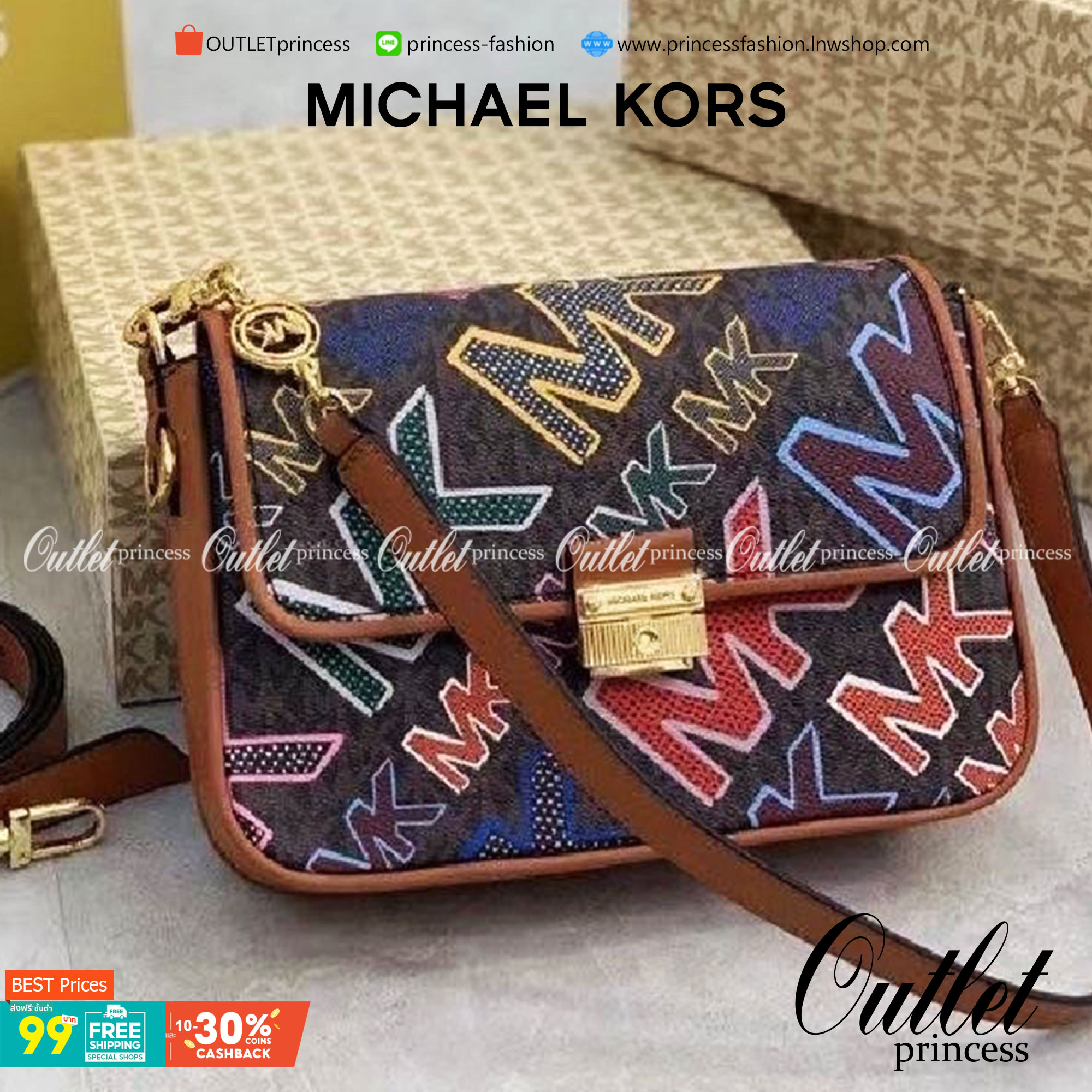 MICHAEL KORS CROSSBODY BAG กระเป๋าสะพายMK เปิดหน้า หนังพิมพ์ลายแบรนด์ มาพร้อมสายสะพาย2 สาย งานจริงสวยน่าใช้มากค่ะ