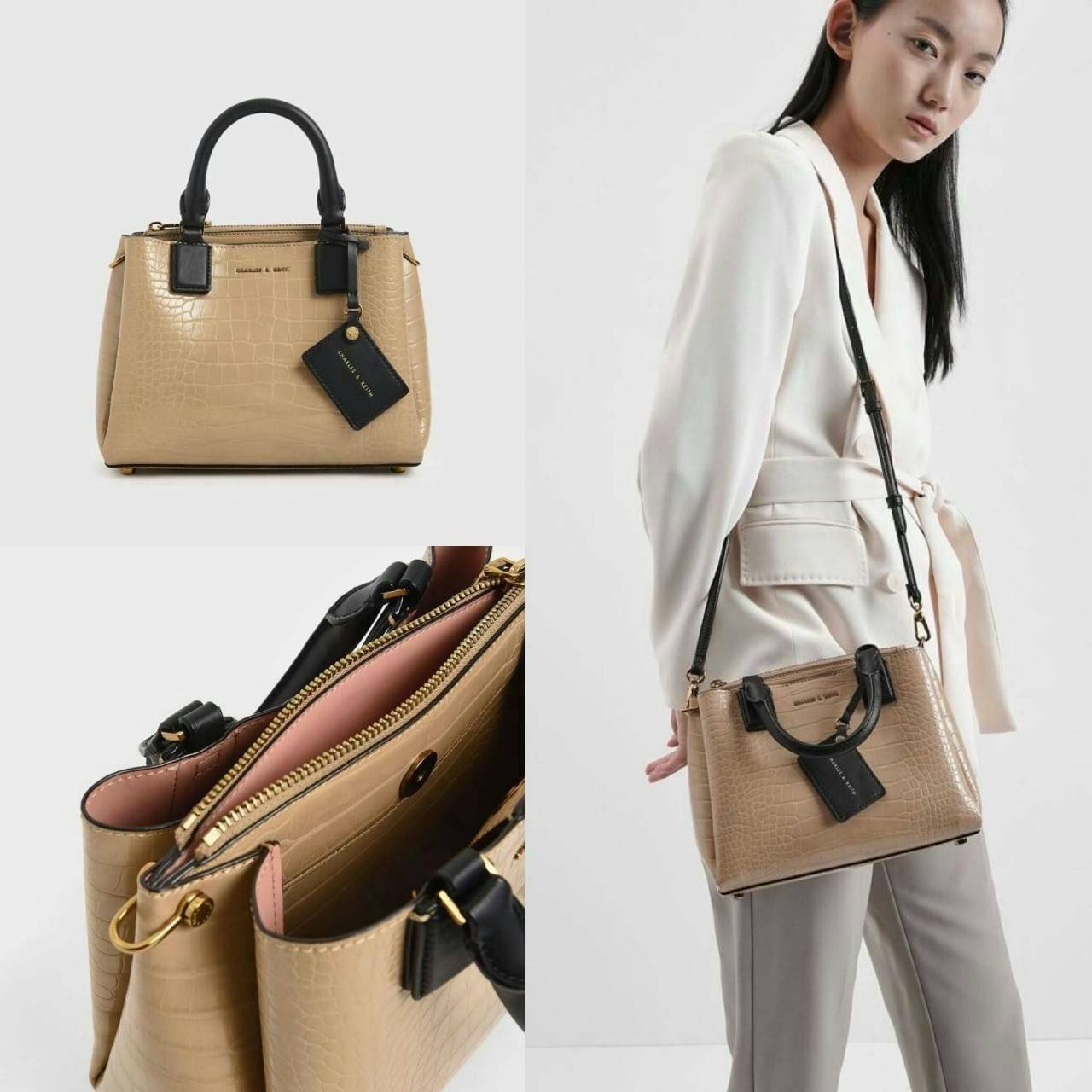 CHARLES & KEITH CROC-EFFECT STRUCTURE BAG กระเป๋าถือ/สะพายวางอยู่ทรง ตัวหนังกระเป๋าพิมพ์ลายจรเข้สวยมากๆ มีหมุดรองฐาน 4 มุม หูหิ้วพับลงได้ค่า เปิดปิดแบบกระดุมแม่เหล็ก แบ่งเป็น 3 ช่องใหญ่ เป็นช่องซิปตรงกลาง จุของได้ดี ใส่ ipad mini ได้นะค่า มีสายสะพายยาวแบบ