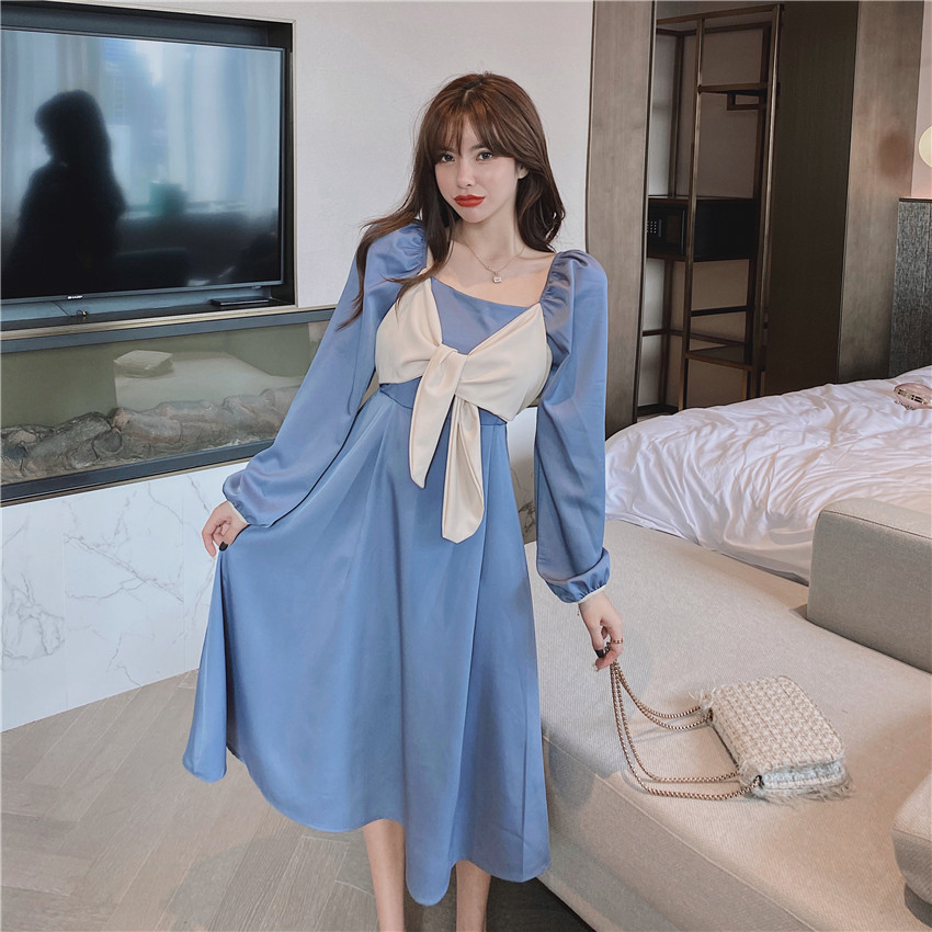 พร้อมส่ง 💫 Luna dress เดรสยาวแขนยาวแต่งโบว์ช่วงอก
