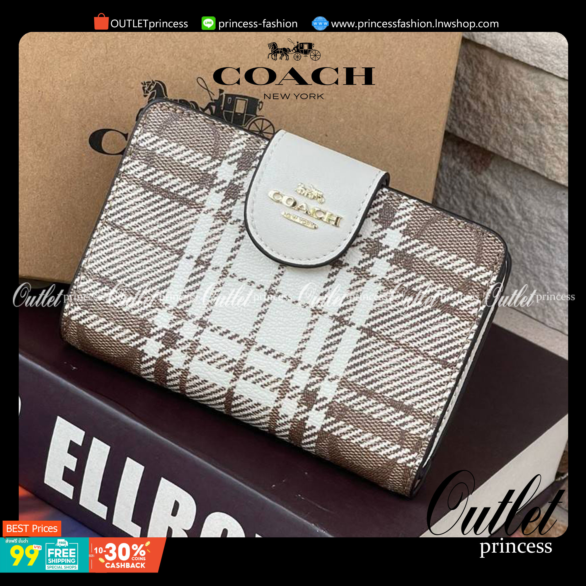 Coach Medium Corner Zip Wallet In Signature Canvas With Hunting Fishing Plaid Print (C6011) กระเป๋าสตางค์ขนาดกลางที่ถือว่าเป็นไอเทม Must Have ของทุกเพศทุกวัยที่ต้องพกติดตัวไว้ตลอดเวลา เพราะนอกจากจะช่วยจัดเก็บเงิน บัตรประชาชน บัตรเครดิตและต่าง ๆ ให้เป็นระเ