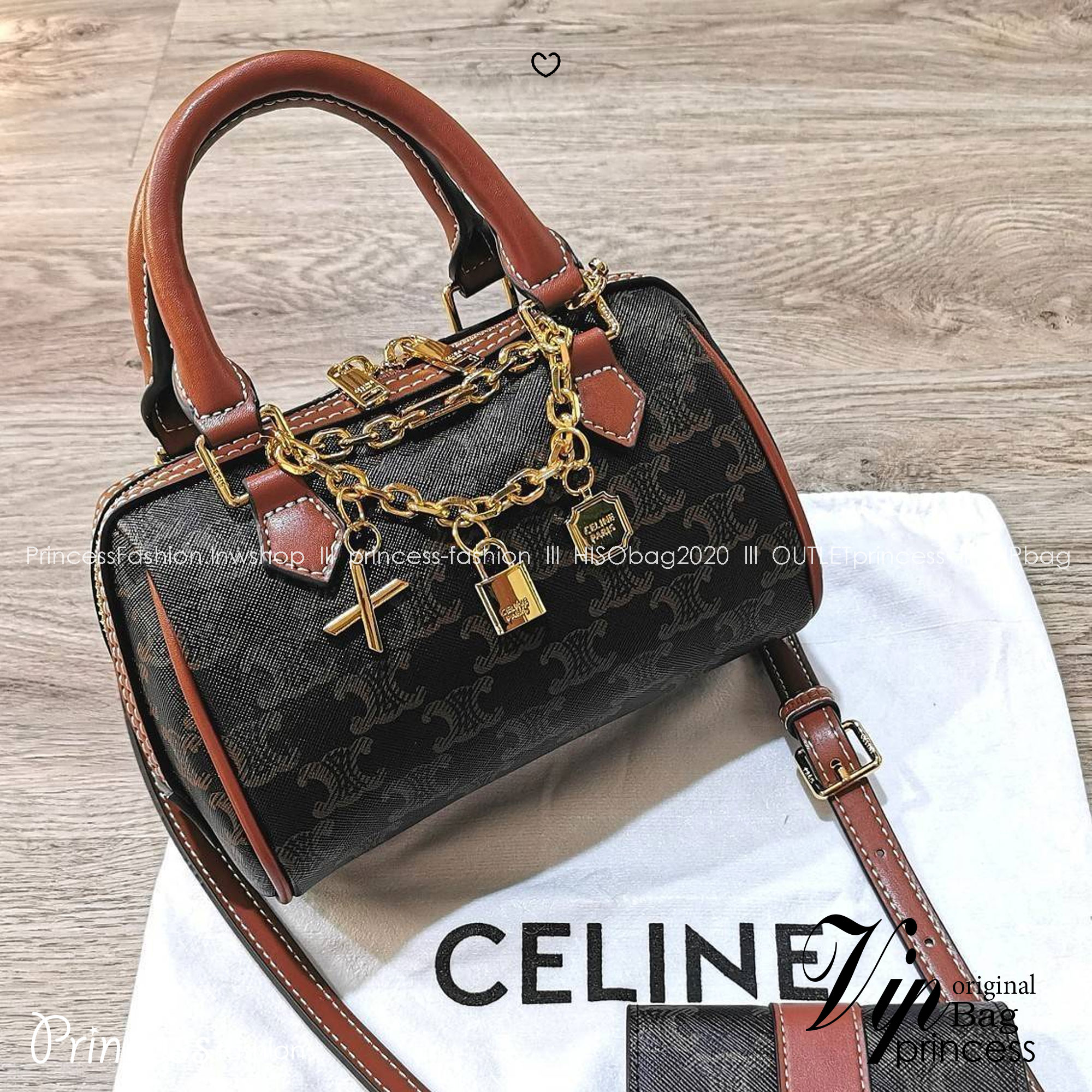 CELINE MINI BOSTON BAG IN TRIOMPHE CANVAS กระเป๋าทรงบอสตันไซส์มินิน่ารัก ประดับสายโซ่สีทอง พร้อมตัวห้อยตกแต่งสวยหรูโดดเด่น