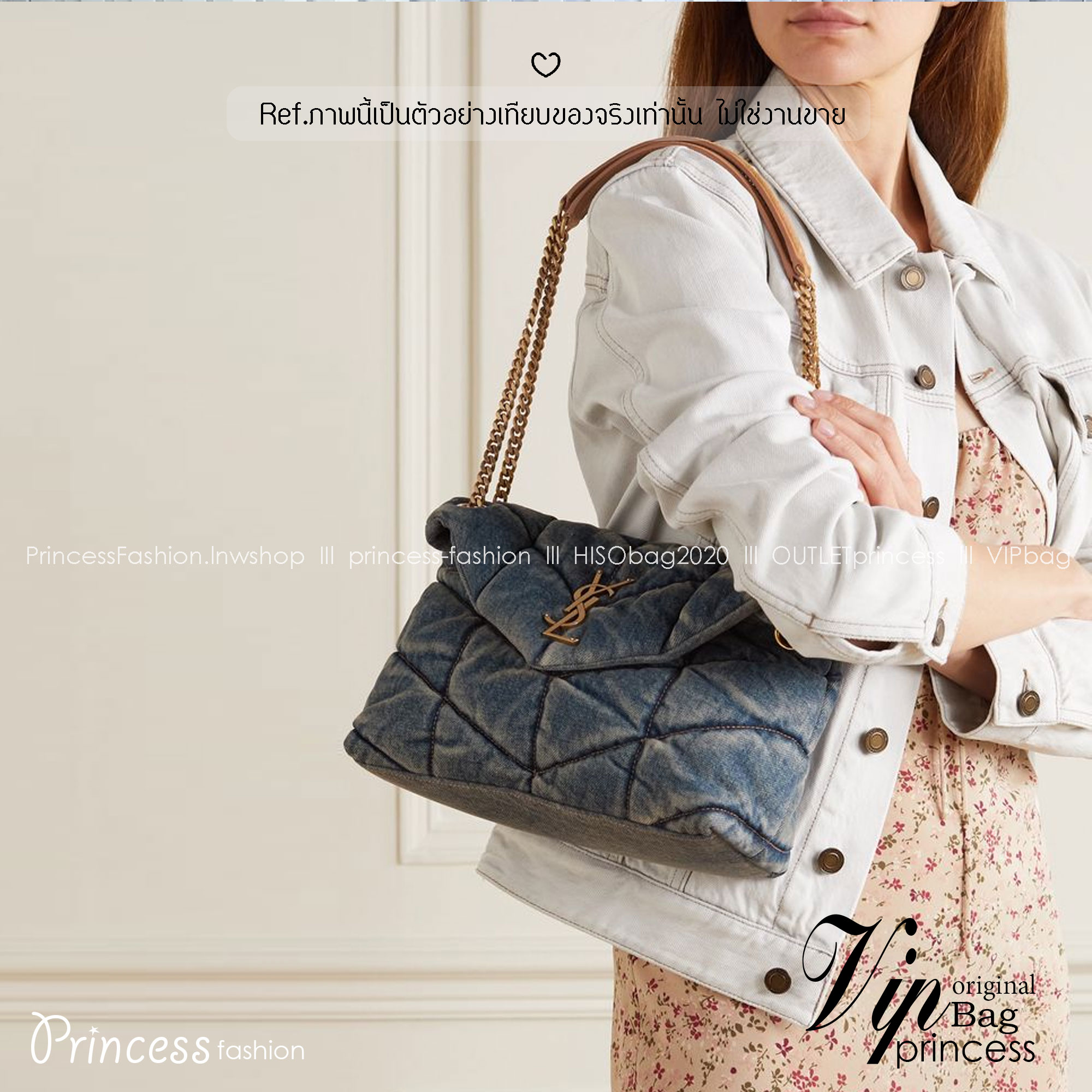 YSL Puffer denim shoulder bag กระเป๋าสะพายเดนิมฟอก สวยเท่ห์คลาสสิกลายเชฟล่อนเป็นเอกลักษณ์ ENVELOPE FLAP BAG WITH SOFT CHEVRON 🧡เกรดออริ ใช้งานต่างประเทศได้