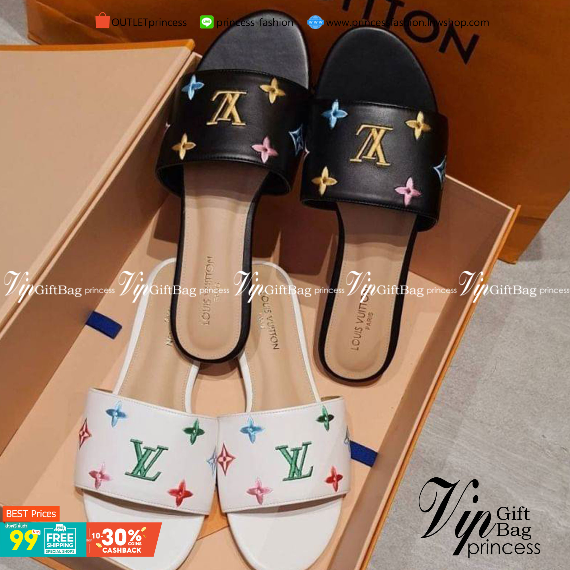 Louis vuitton sandels แตะหนัง PU ปัก ลายโลโก้ LV สวย ตามภาพ งานเรียบร้อย ใส่สบาย เรียบ หรู ดูแพงเกินราคาขาย