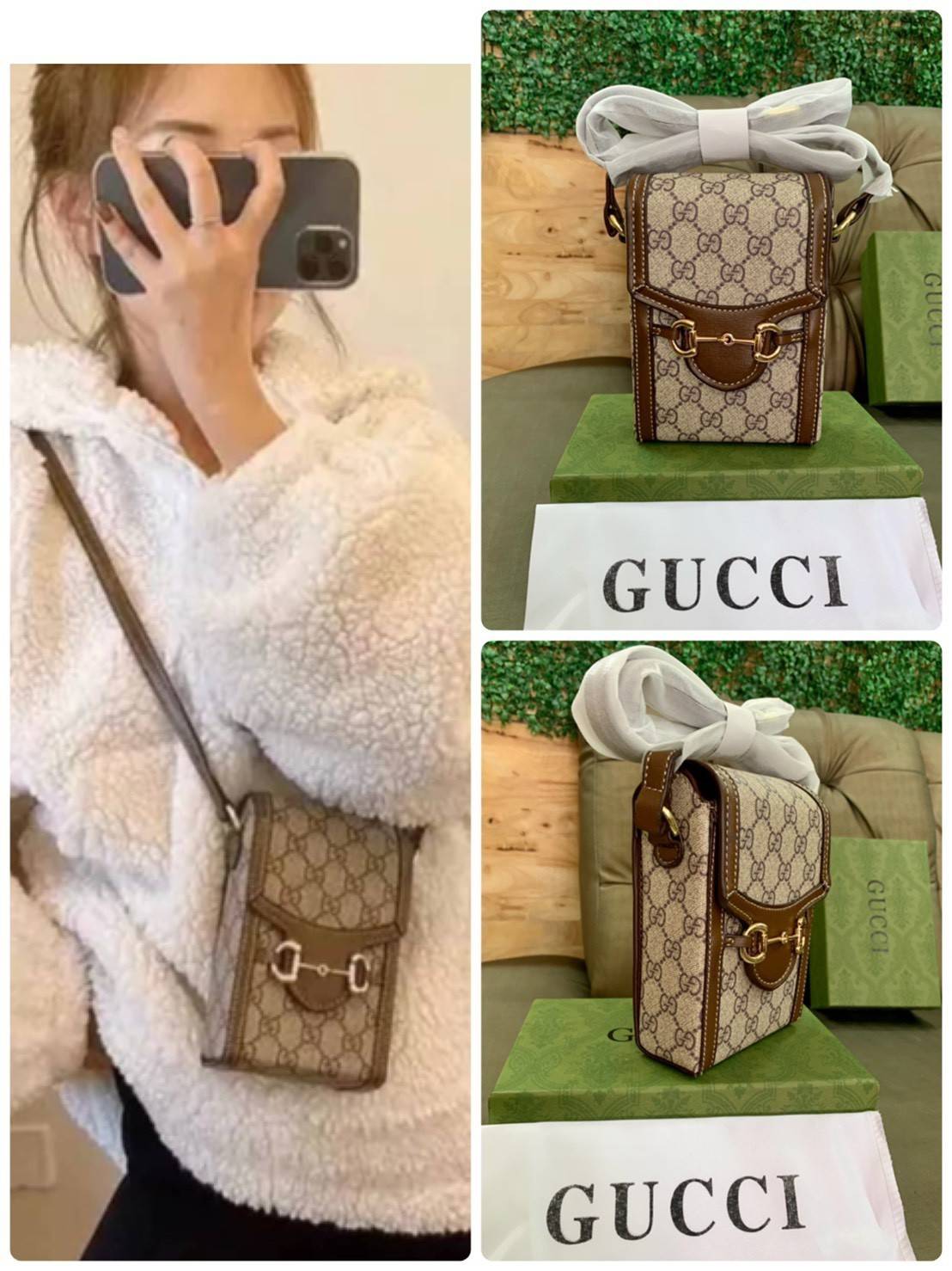 VIP GIFT 】หนังแท้ GUCCI Horsebit 1955 mini bag กระเป๋าสะพาย กระเป๋าใส่โทรศัพท์ งานแฟชั่นคลาสสิก ขอบหนังวัวแท้สีน้ำตาล อะไหล่สวย ดีไซต์สัญลักษณ์วงแหวนตามแบบฉบับ GUCCI มาพร้อมกล่องแบรนด์และสายสะพายยาวที่สามารถปรับระดับได้ พร้อมส่งให้สะพาย สวยๆ กันแล้ววันนี้
