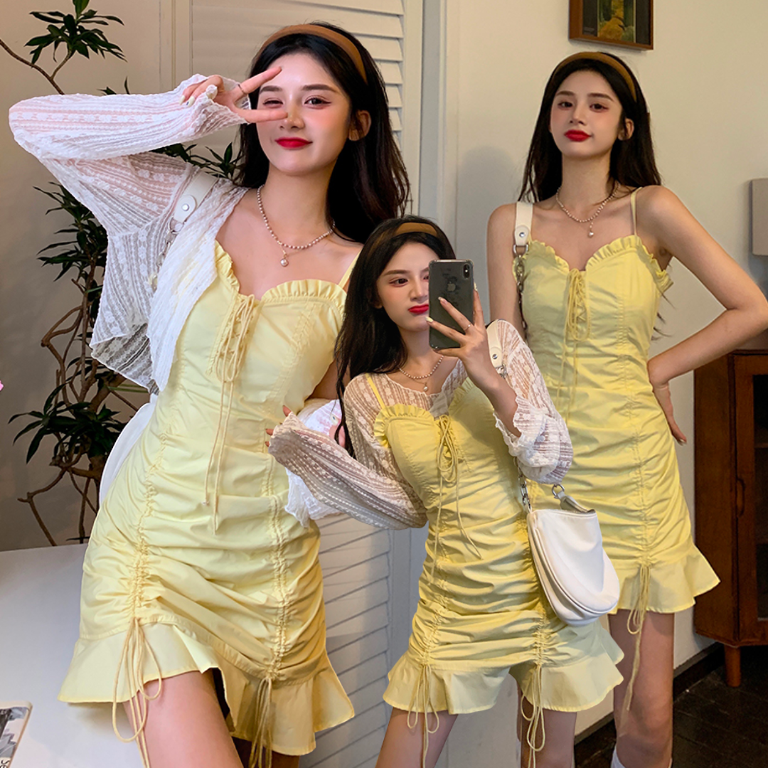 พร้อมส่ง 🍑 Tatar dress & cardigan เดรสสายเดี่ยวสีเหลือง เสื้อคลุมลูกไม้ (แยกชิ้น) (IN37658)