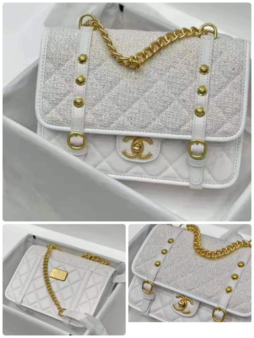 Chanel อเนกประสงค์ รุ่น Limited edition ลายตาราง ปักหมุดอะไหล่ทอง หนังแท้ น้ำหนักเบา มีช่องใส่ของจุกจิก เปิดปิดด้วยฝาปิดกระดุม มีช่องใส่บัตร ช่องซิป ช่องหลัง ใส่กระเป๋าสตางค์ใบยาว ได้ค่ะ ตัวจริงสวยมากๆถูกใจรีบจองนะคะ ใส่มือถือได้ทุกรุ่น สายสะพายโซ่+หนัง แ