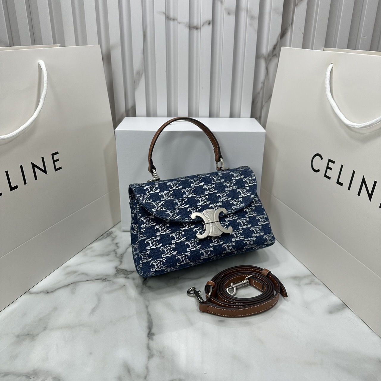 CELINE HANDBAG CLAUDE in DENIM WITH TRIOMPHE ALL-OVER กระเป๋าถือพร้อมสายสะพายงานเดนิม เกรดออริ 1:1 ใช้งานต่างประเทศได้