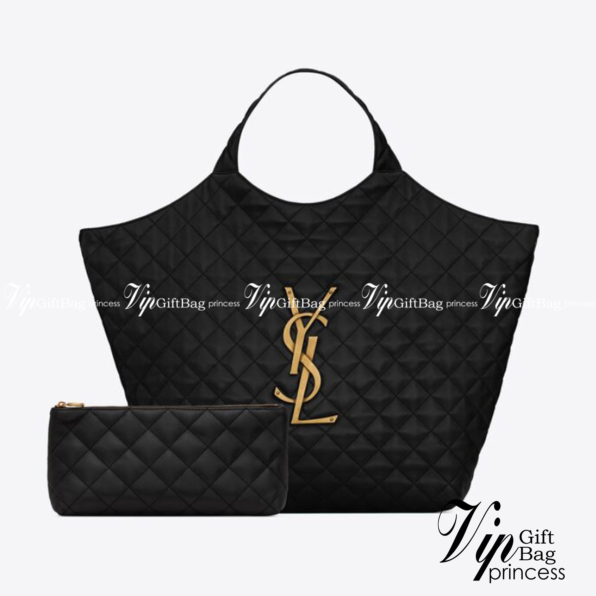 YSL icare maxi shopping bag in quilted lambskin / YSL tote bag กระเป๋าไซส์ใหญ่ พร้อมใบเล็ก หนังบุนิ่มเย็บลายตาข่าย (Quilted Bag) ดีไซน์คล้ายตะกร้าช็อปปิ้ง โฉบเฉี่ยวกว่าหลายระดับด้วยการประดับฮาร์ดแวร์ทองเหลืองในตัวอักษร YSL บนหนังสีดำสร้างความสะดุดตา มอบสไ