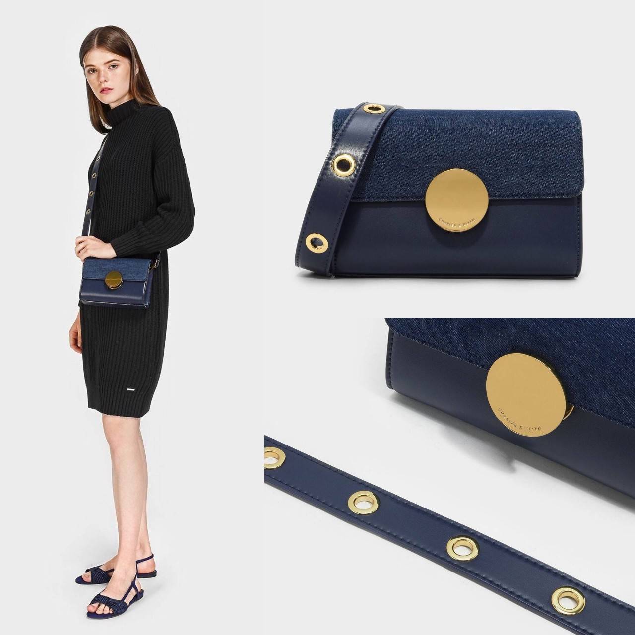 CHARLES AND KEITH CIRCULAR BUCKLE CROSSBODY BAG กระเป๋าสะพายครอสบอดีทรงคลัช ใบเล็กหนังเรียบสวย กระเป๋าสะพาย crossbody หนัง PU เรียบสวย สามารถถอดสายถือแบบคลัชได้ ด้านหน้าประดับด้วยตัวล็อค สุดเก๋ เป็นแผ่นกลมสีทองและสีเงิน ปั๊มแบรนด์ มาพร้อมสายสะพาย สามารถปร