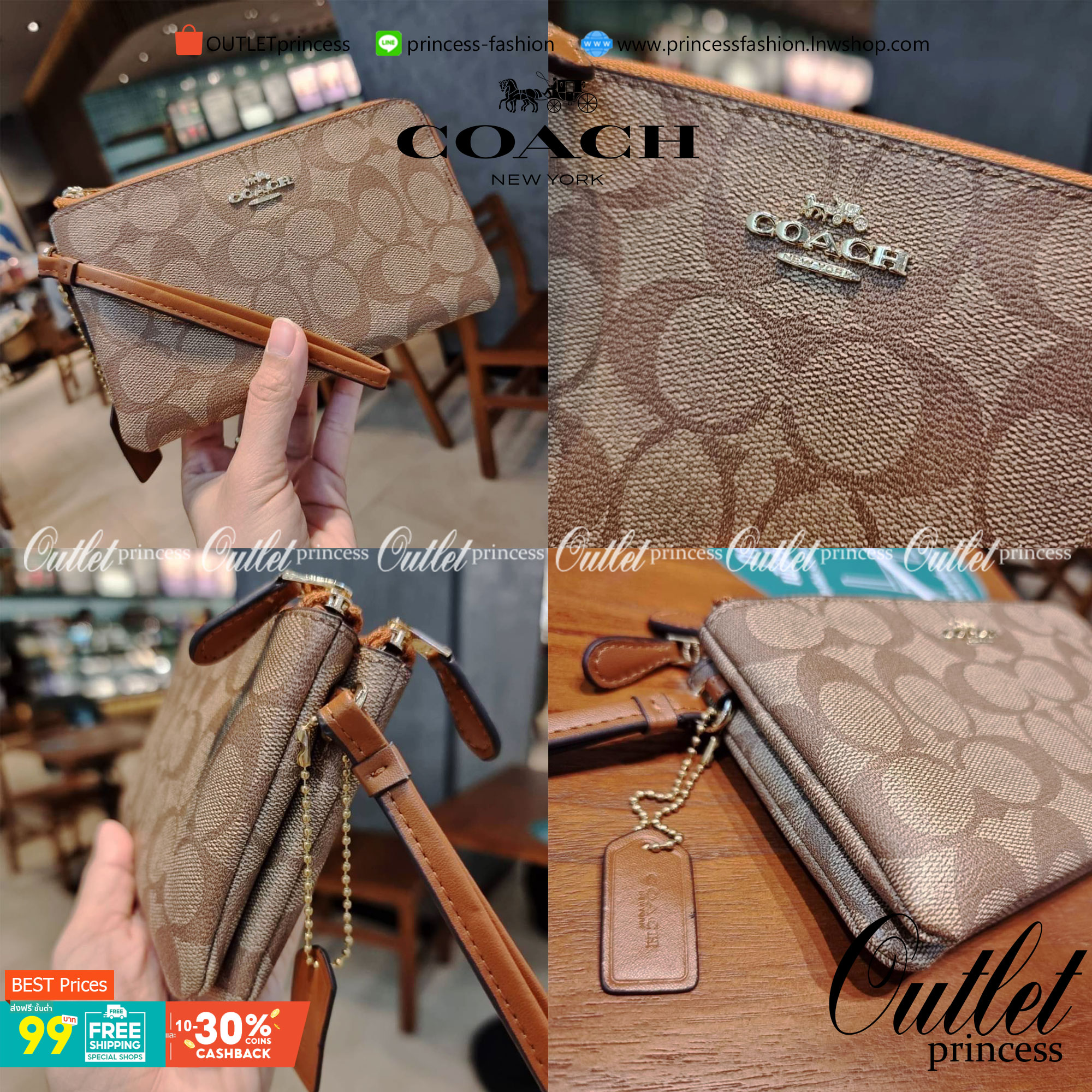 COACH F87591 DOUBLE CORNER ZIP WALLET IN SIGNATURE COATED CANVAS คล้องมือรุ่น 2 ซิป!! มาแล้วจ้า 🌟🤗 ไซส์นี้คือเหมาะมือจริงๆ พกง่ายเช่นเคย ไม่ต้องกังวลว่าจะเกะกะหรือกินพื้นที่กระเป๋าหลัก วัสดุหนังแคนวาสเคลือบลาย มีช่องหลักแยก 2 ช่อง ภายในบุผ